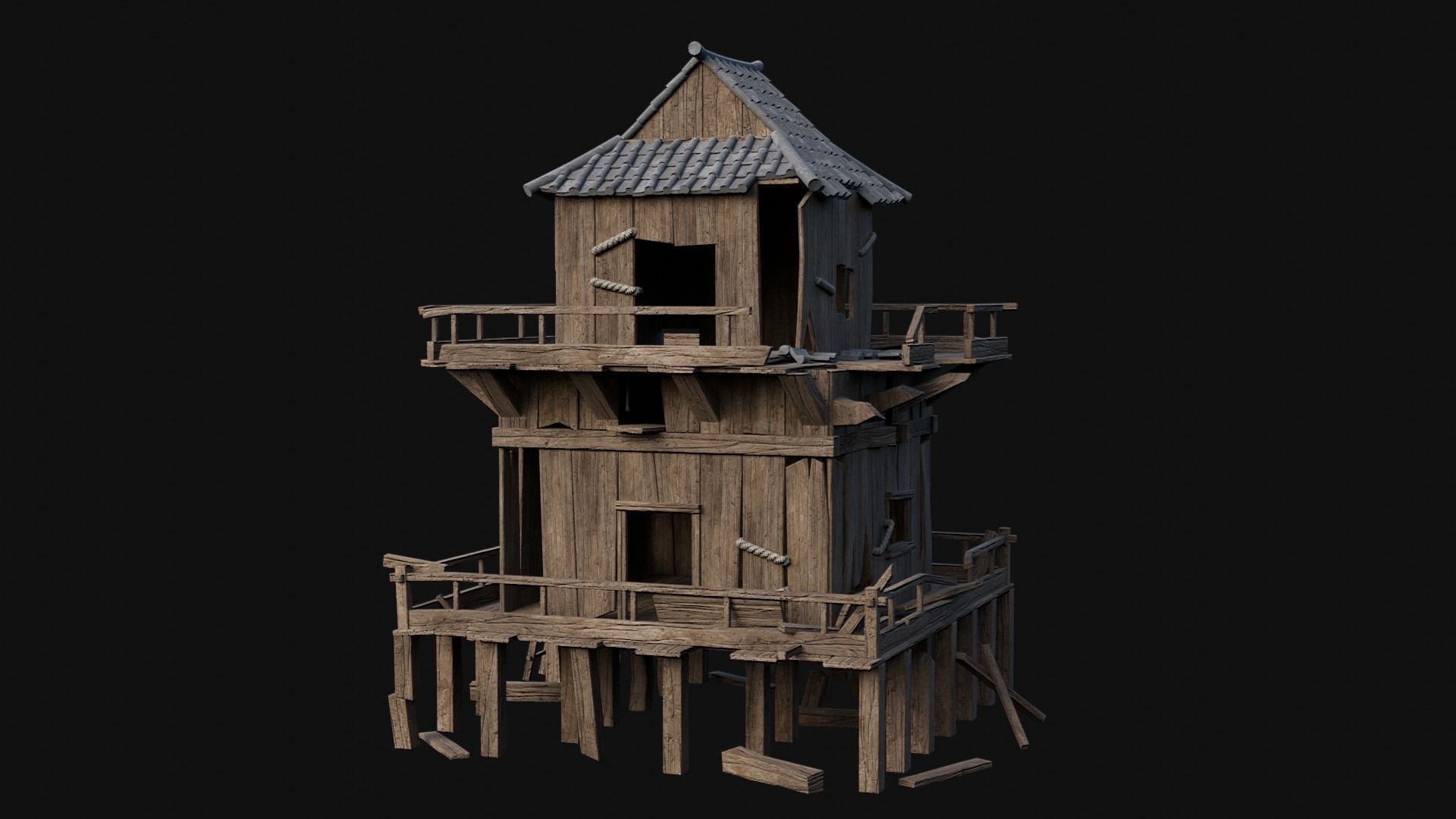 DESTROYED RUINED JAPANESE TOWER WATCHTOWER WALLS COLLECTION AAA Low-poly 3D model_7