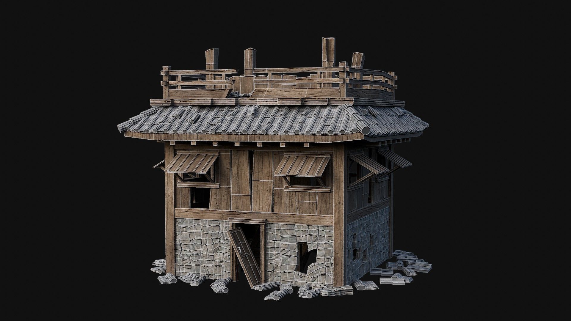 DESTROYED RUINED JAPANESE TOWER WATCHTOWER WALLS COLLECTION AAA Low-poly 3D model_40