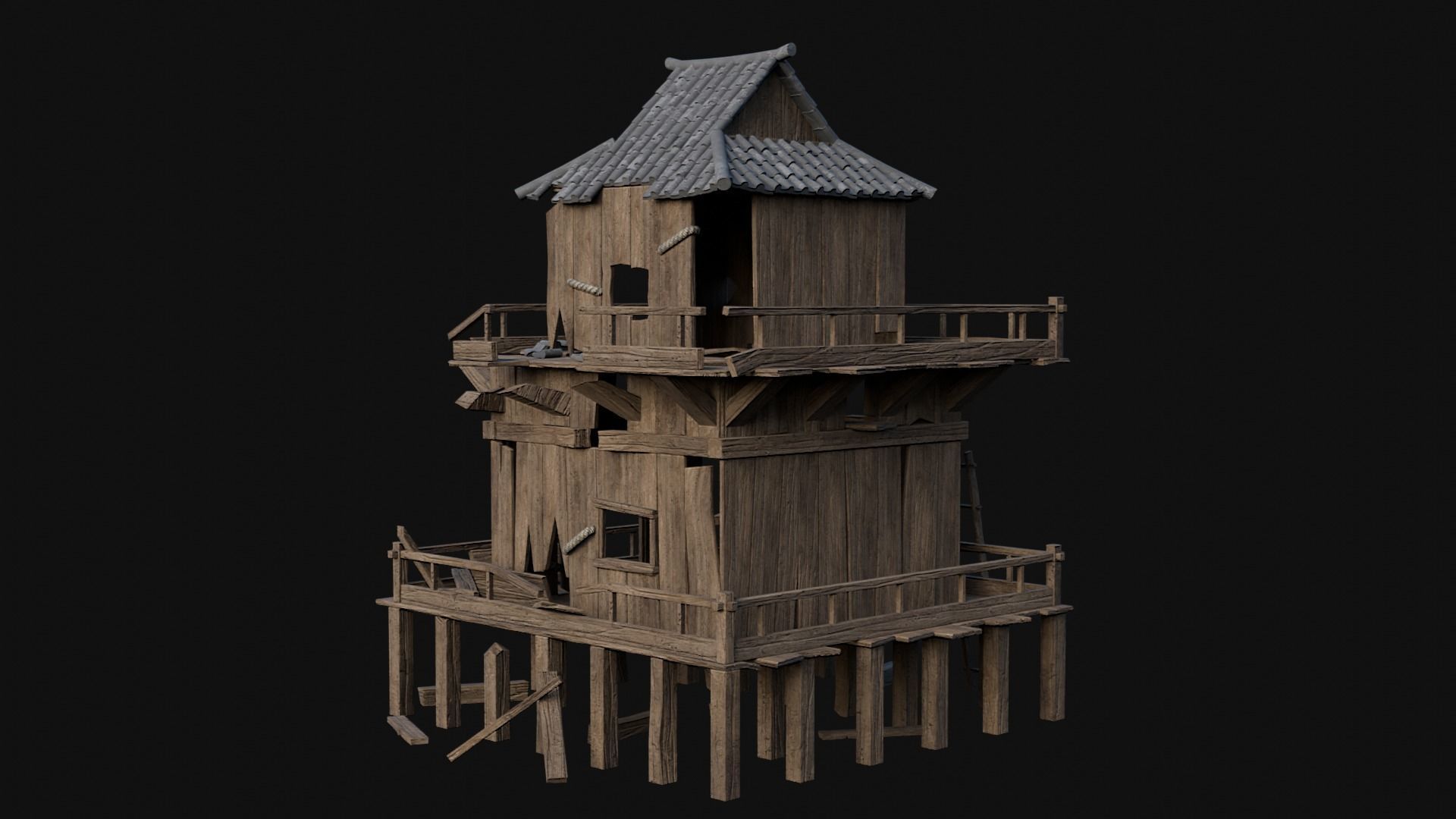 DESTROYED RUINED JAPANESE TOWER WATCHTOWER WALLS COLLECTION AAA Low-poly 3D model_8