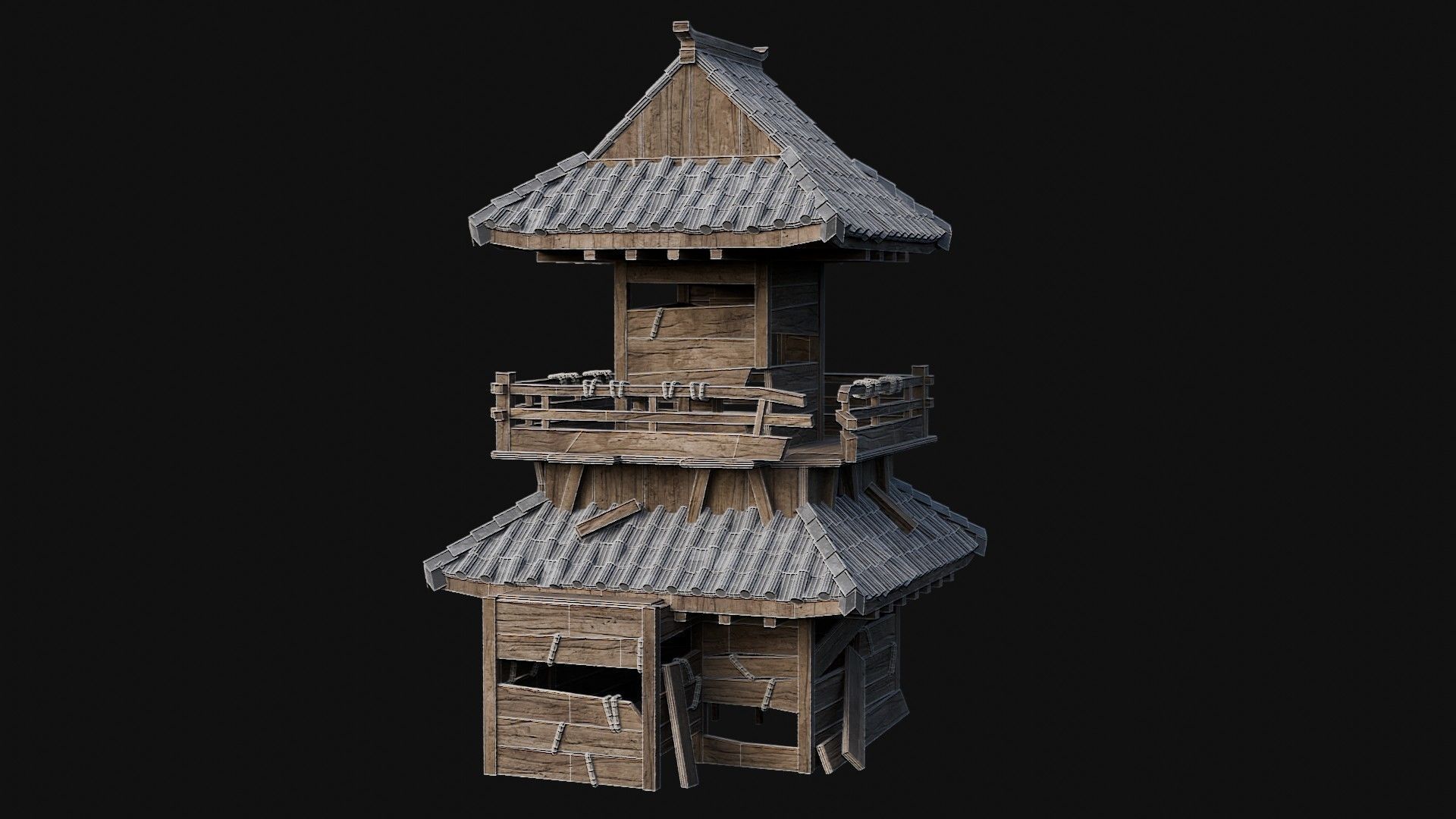 DESTROYED RUINED JAPANESE TOWER WATCHTOWER WALLS COLLECTION AAA Low-poly 3D model_22