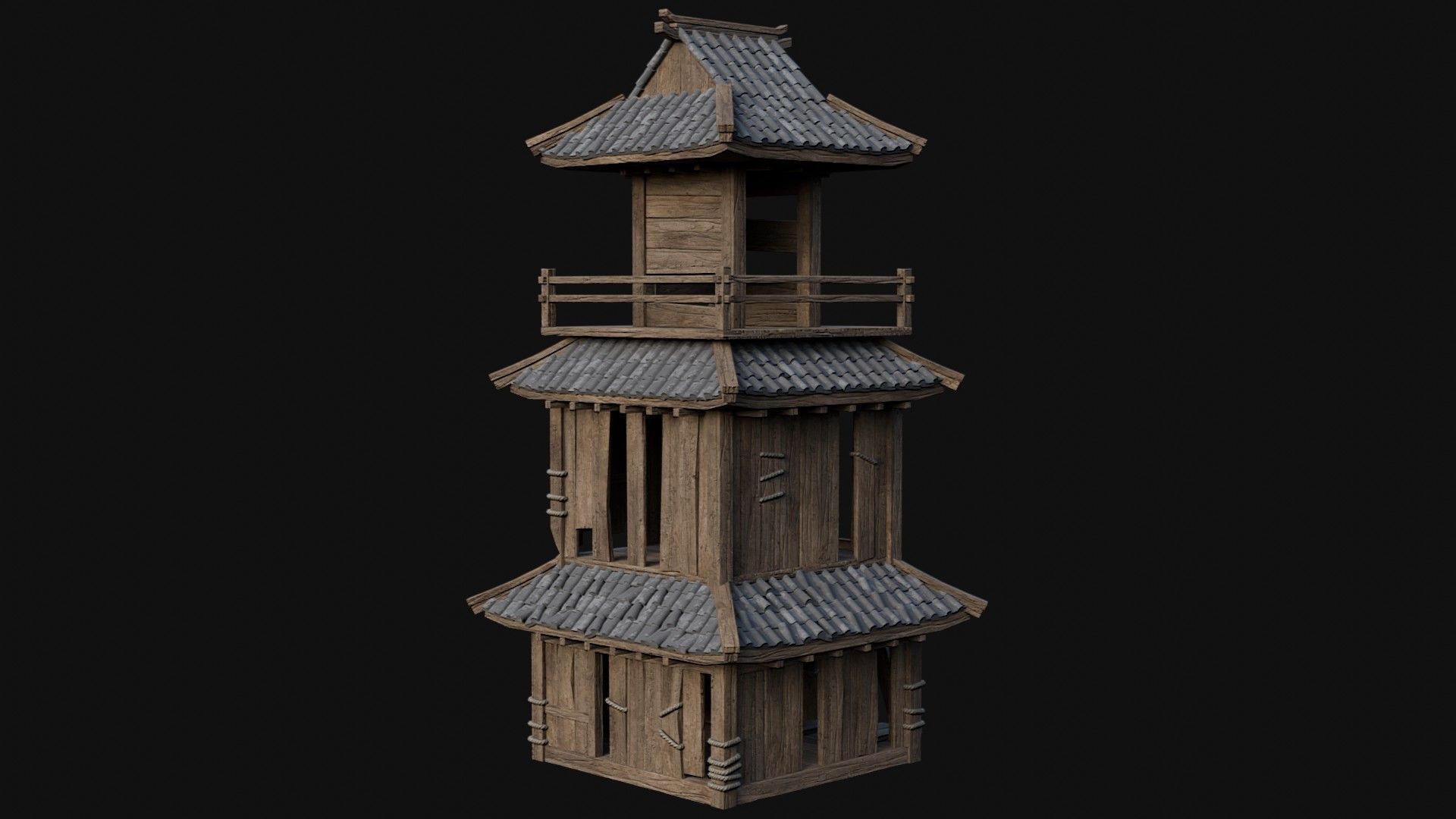 DESTROYED RUINED JAPANESE TOWER WATCHTOWER WALLS COLLECTION AAA Low-poly 3D model_50