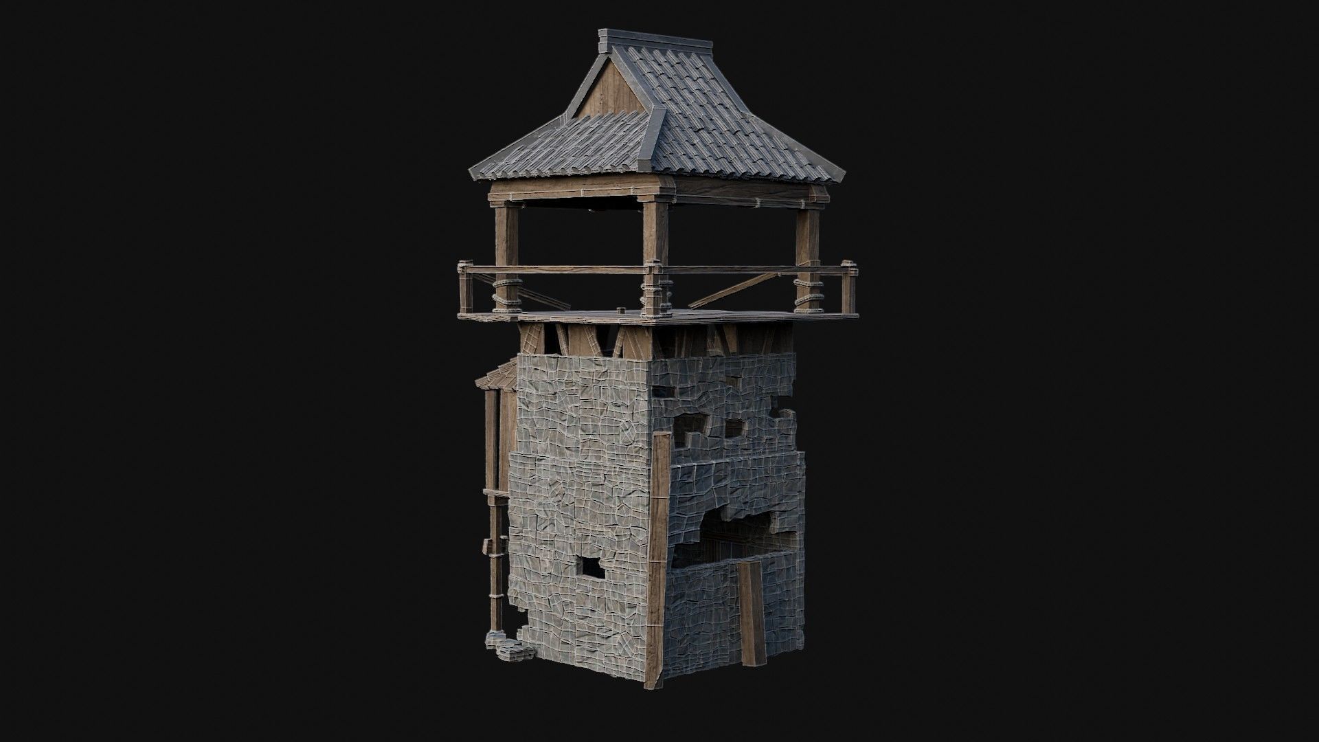 DESTROYED RUINED JAPANESE TOWER WATCHTOWER WALLS COLLECTION AAA Low-poly 3D model_6