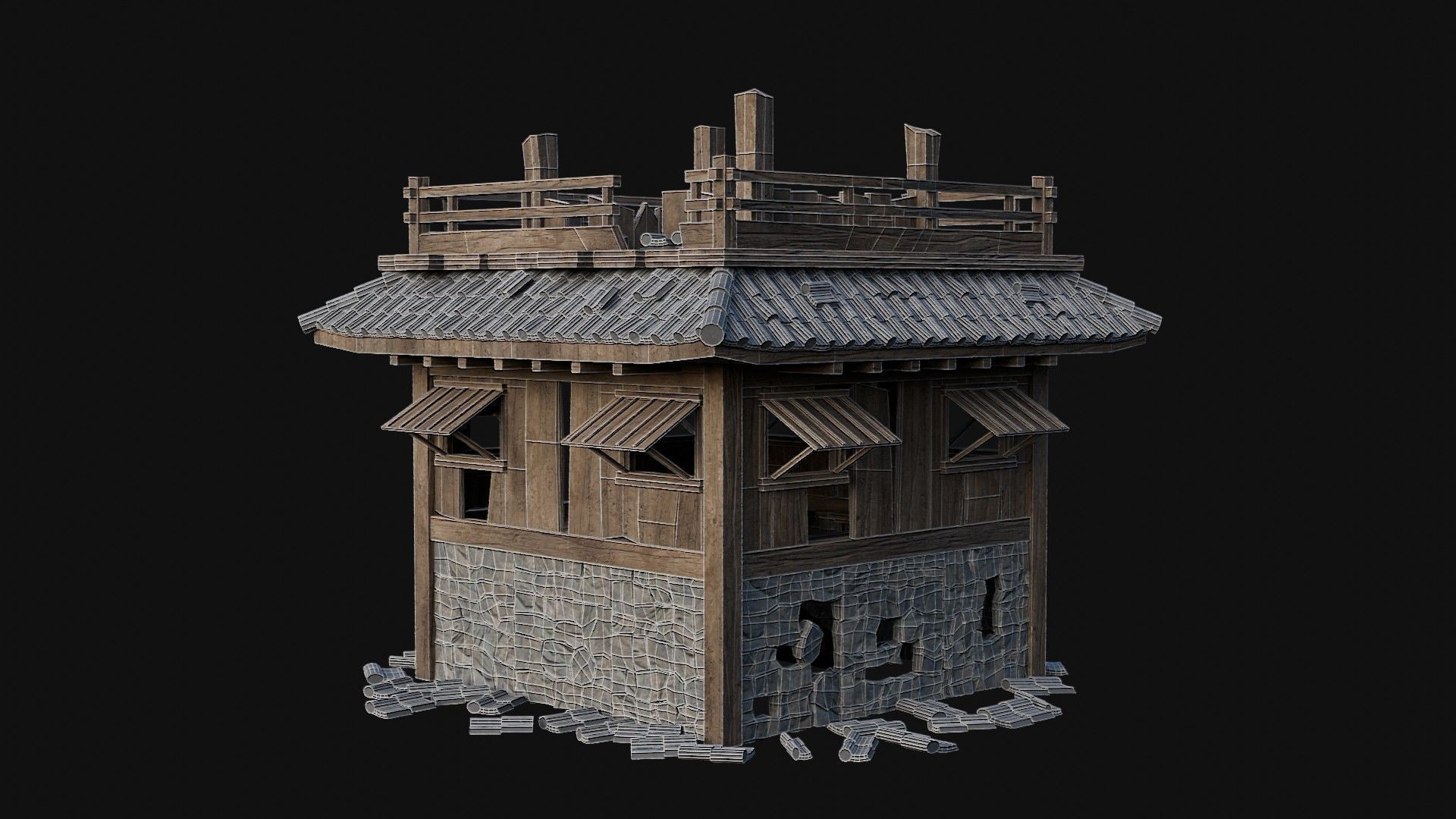 DESTROYED RUINED JAPANESE TOWER WATCHTOWER WALLS COLLECTION AAA Low-poly 3D model_42