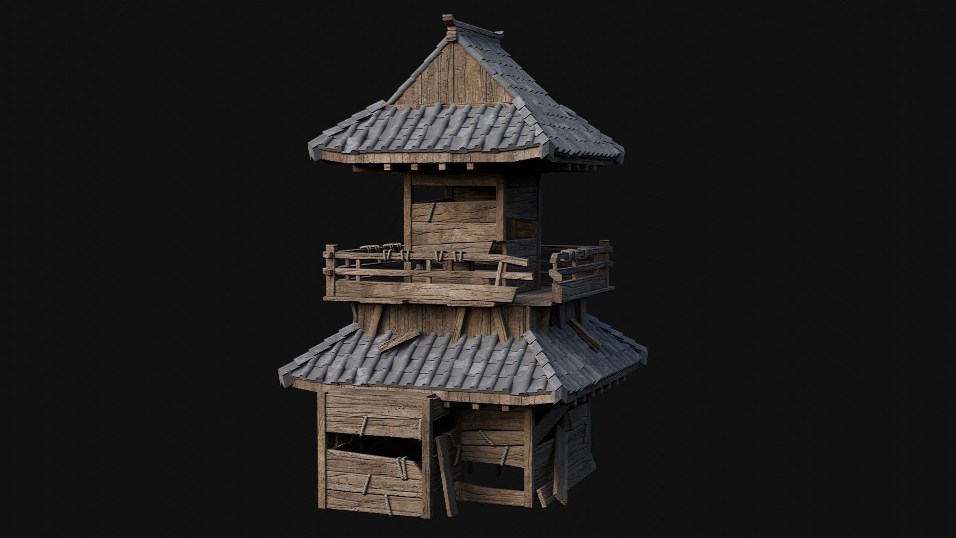 DESTROYED RUINED JAPANESE TOWER WATCHTOWER WALLS COLLECTION AAA Low-poly 3D model_19