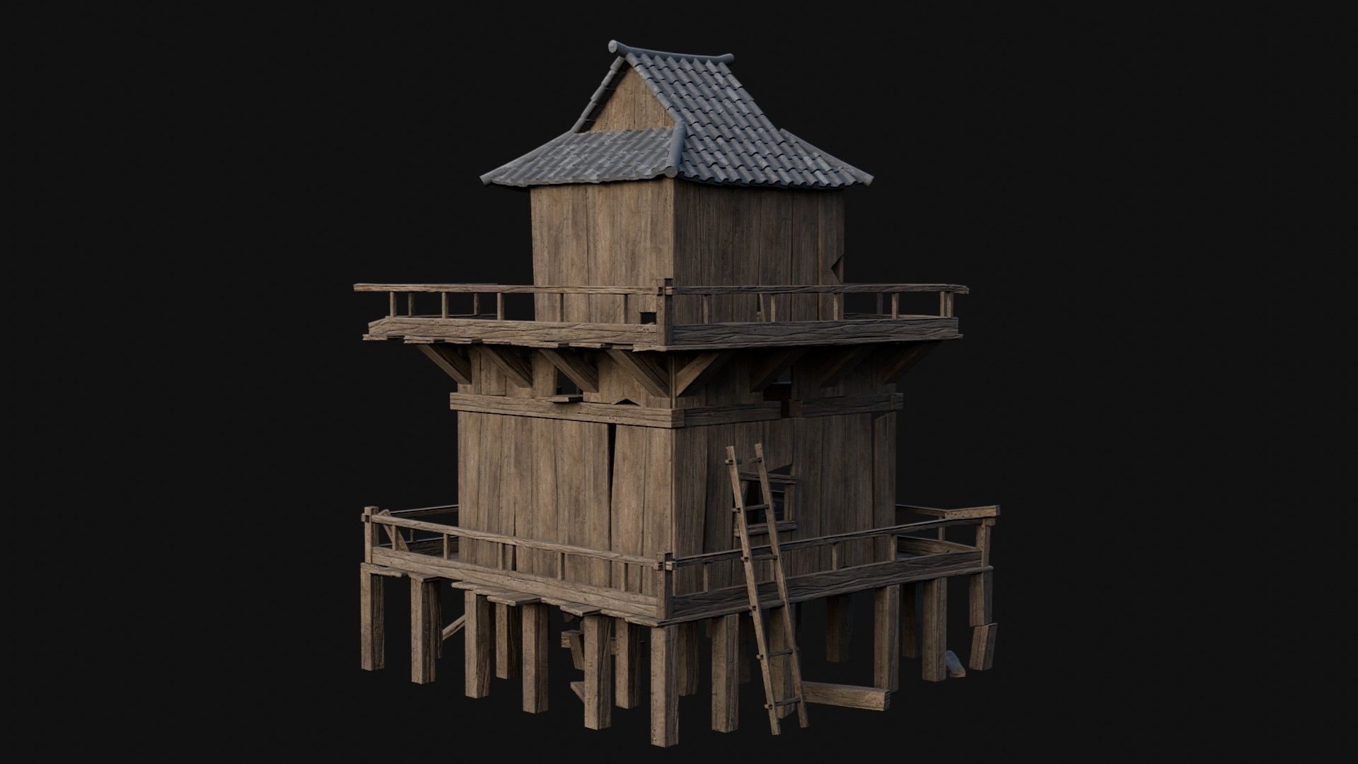 DESTROYED RUINED JAPANESE TOWER WATCHTOWER WALLS COLLECTION AAA Low-poly 3D model_9