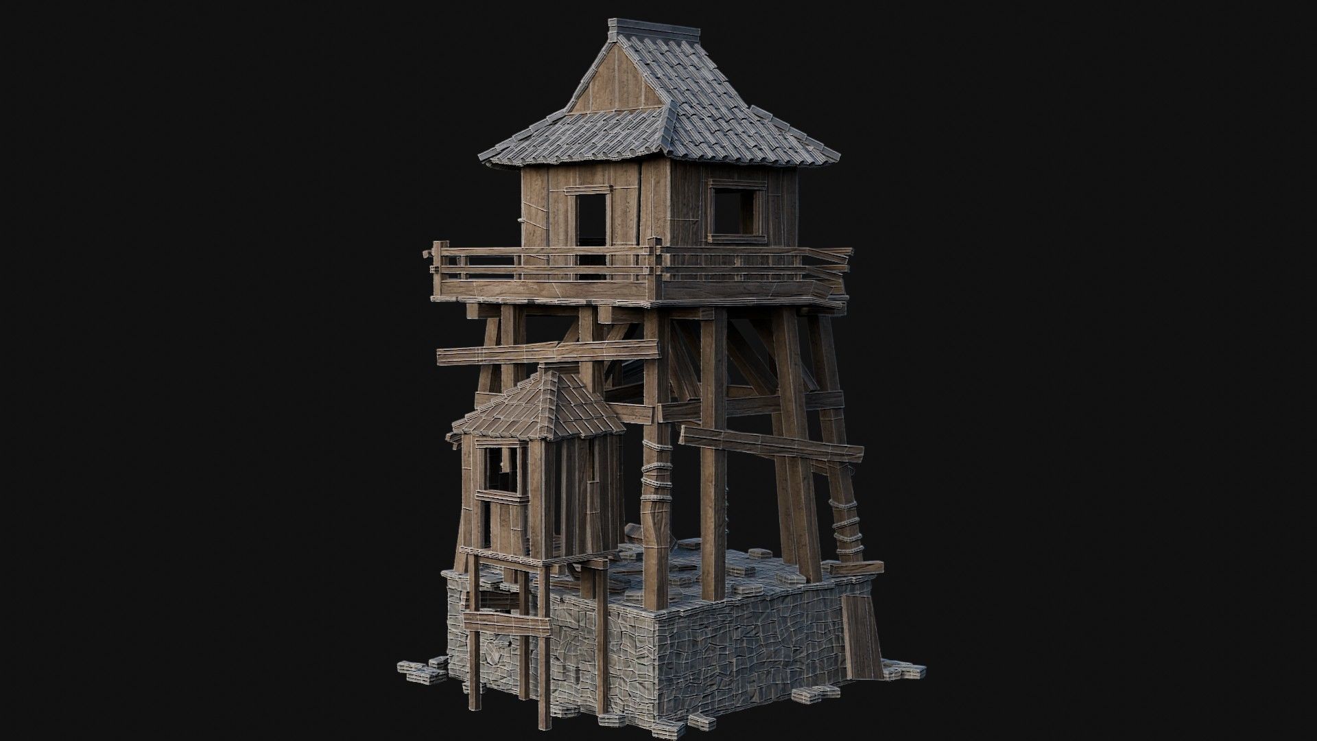 DESTROYED RUINED JAPANESE TOWER WATCHTOWER WALLS COLLECTION AAA Low-poly 3D model_18