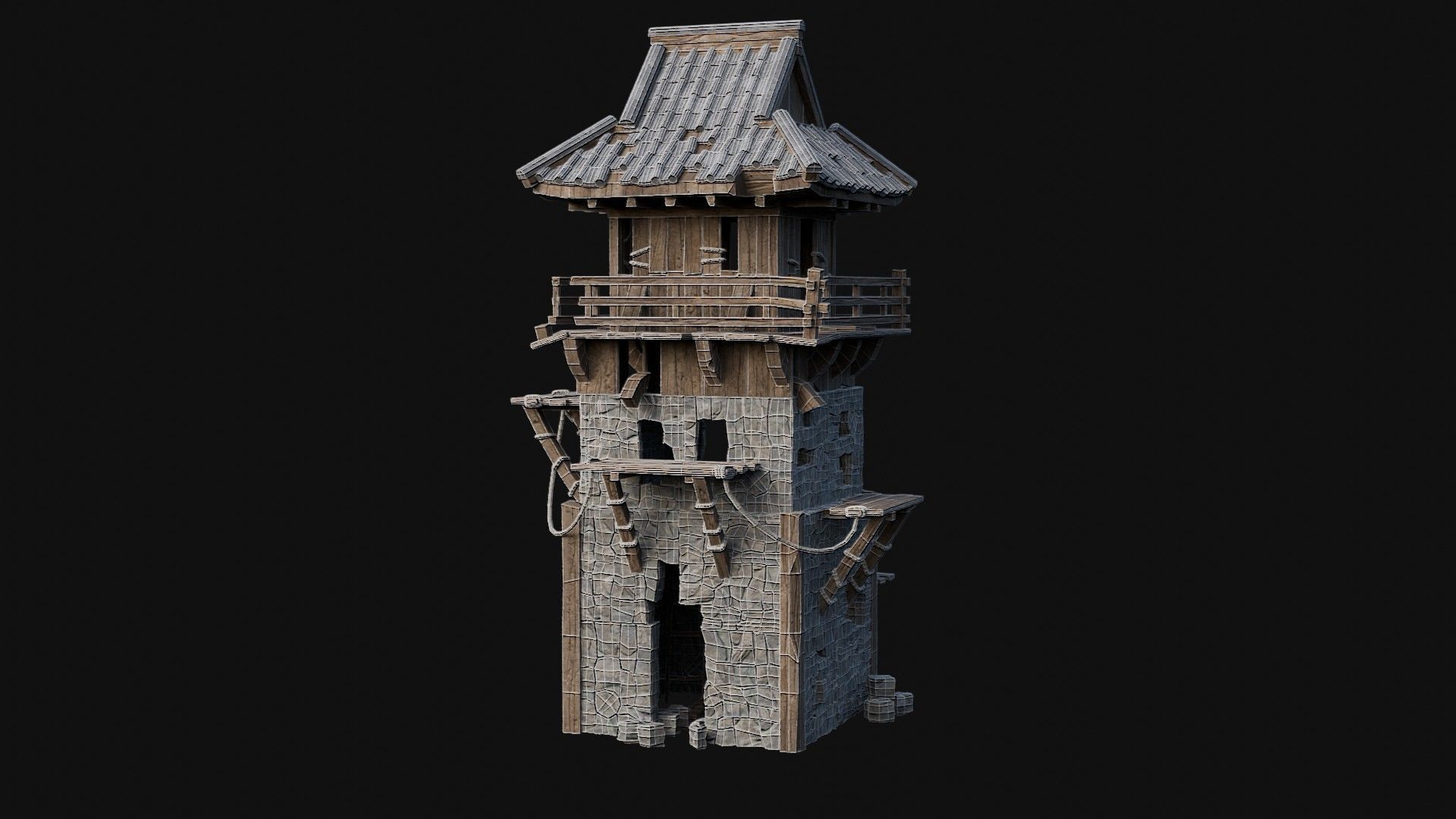 DESTROYED RUINED JAPANESE TOWER WATCHTOWER WALLS COLLECTION AAA Low-poly 3D model_28