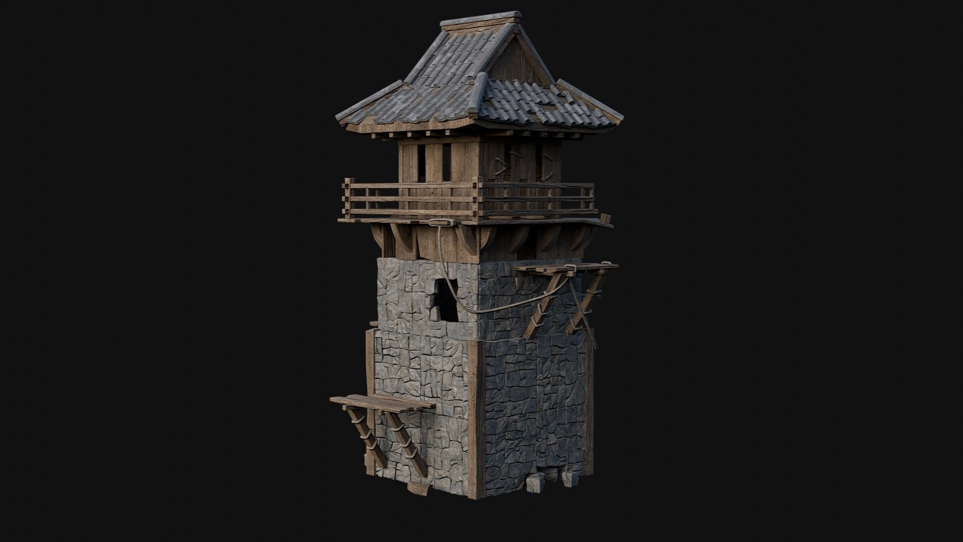 DESTROYED RUINED JAPANESE TOWER WATCHTOWER WALLS COLLECTION AAA Low-poly 3D model_27
