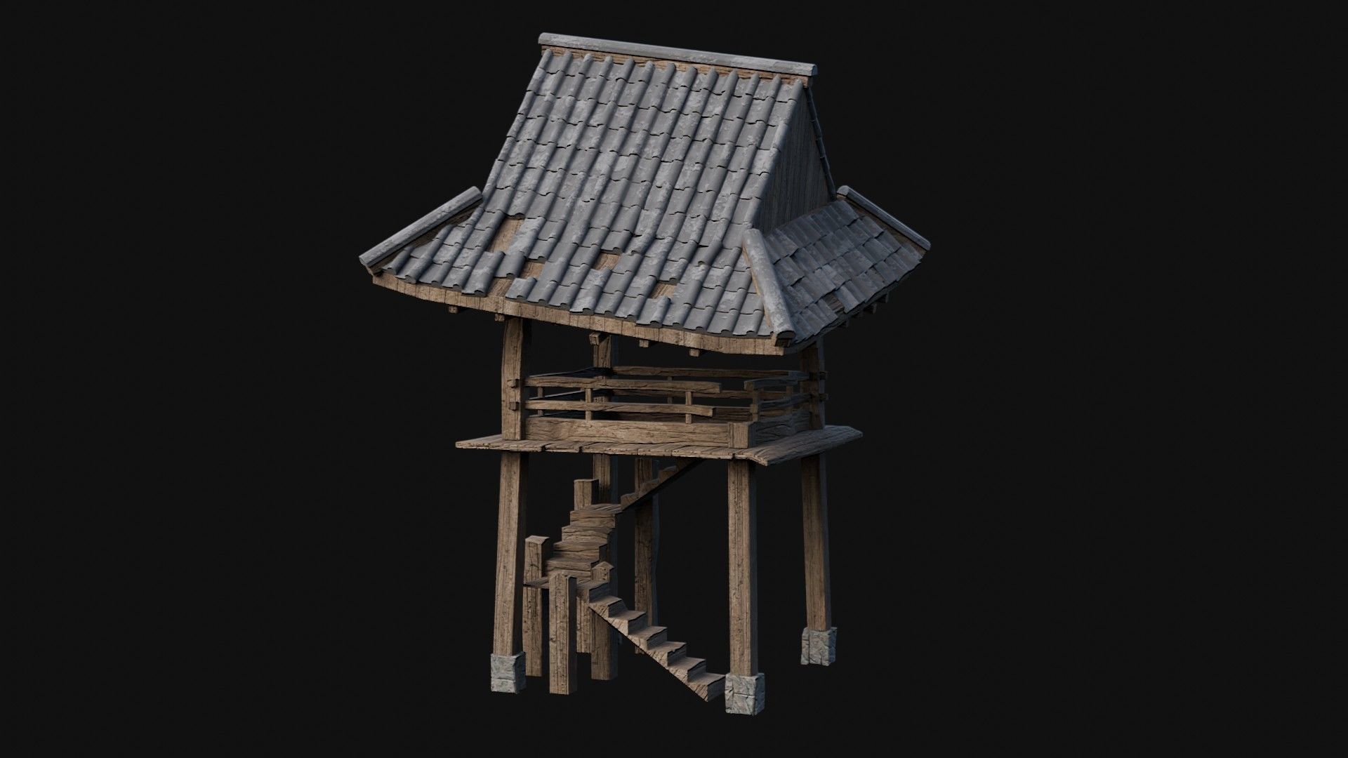 DESTROYED RUINED JAPANESE TOWER WATCHTOWER WALLS COLLECTION AAA Low-poly 3D model_43