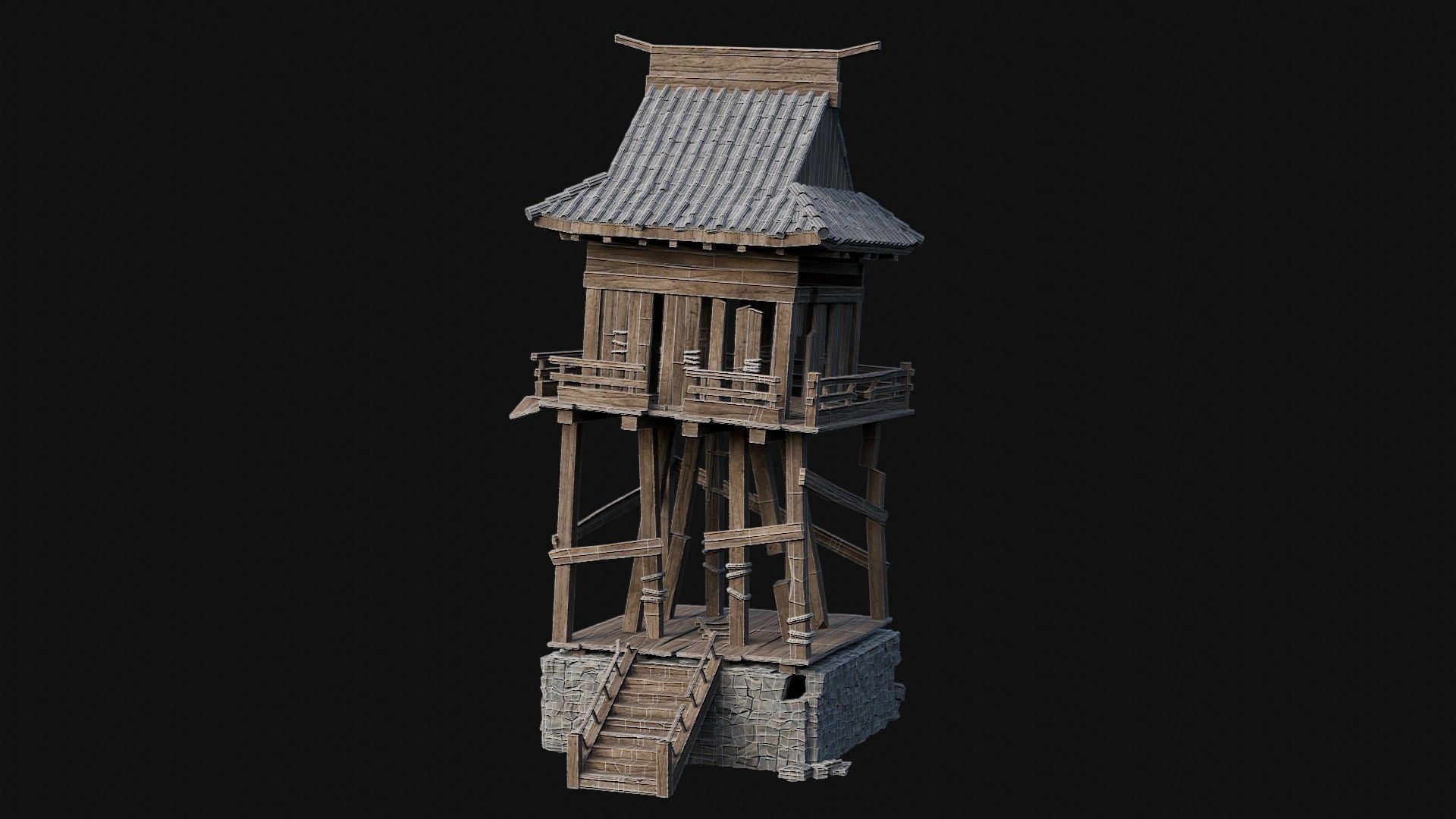 DESTROYED RUINED JAPANESE TOWER WATCHTOWER WALLS COLLECTION AAA Low-poly 3D model_34