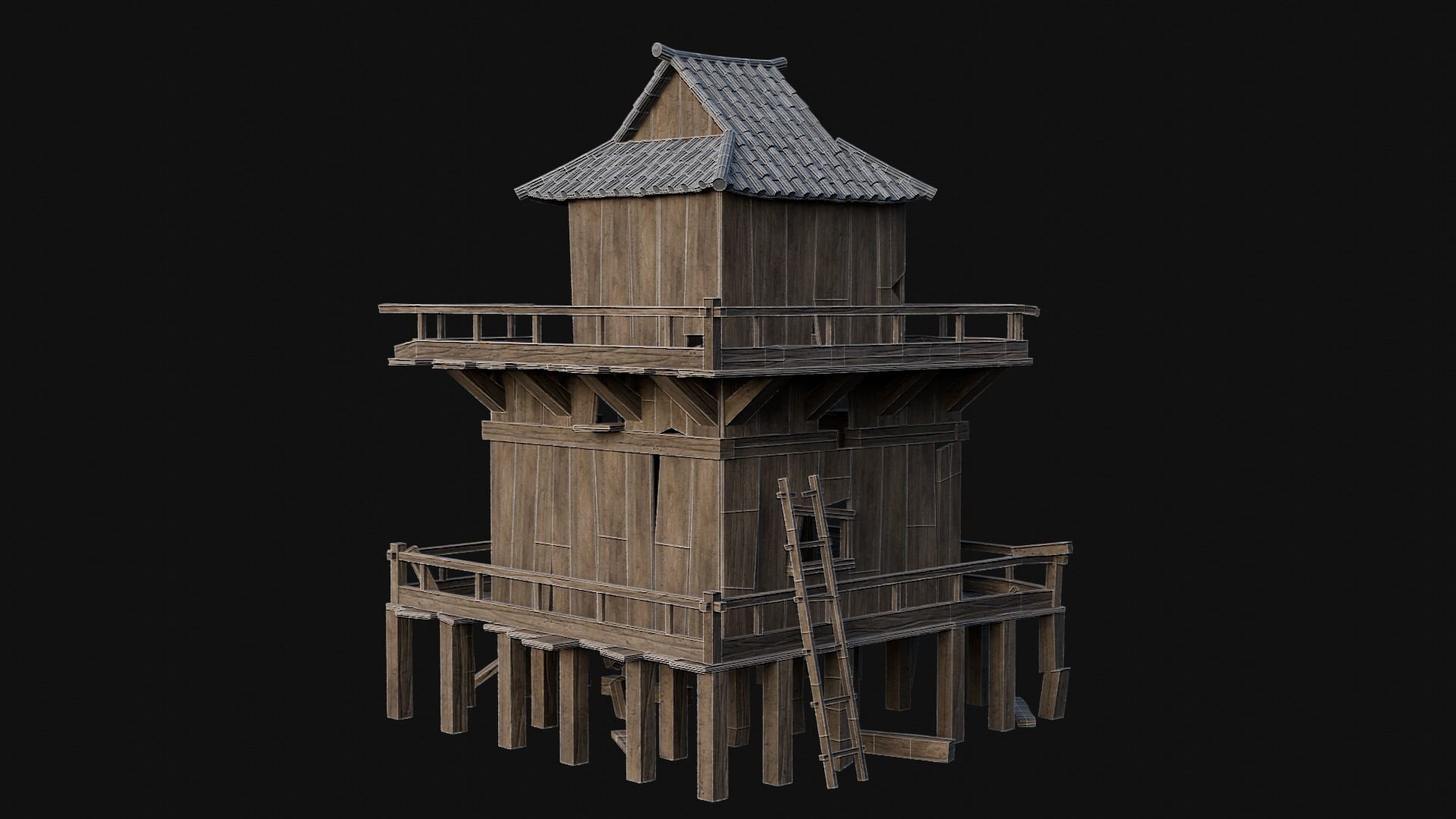 DESTROYED RUINED JAPANESE TOWER WATCHTOWER WALLS COLLECTION AAA Low-poly 3D model_12