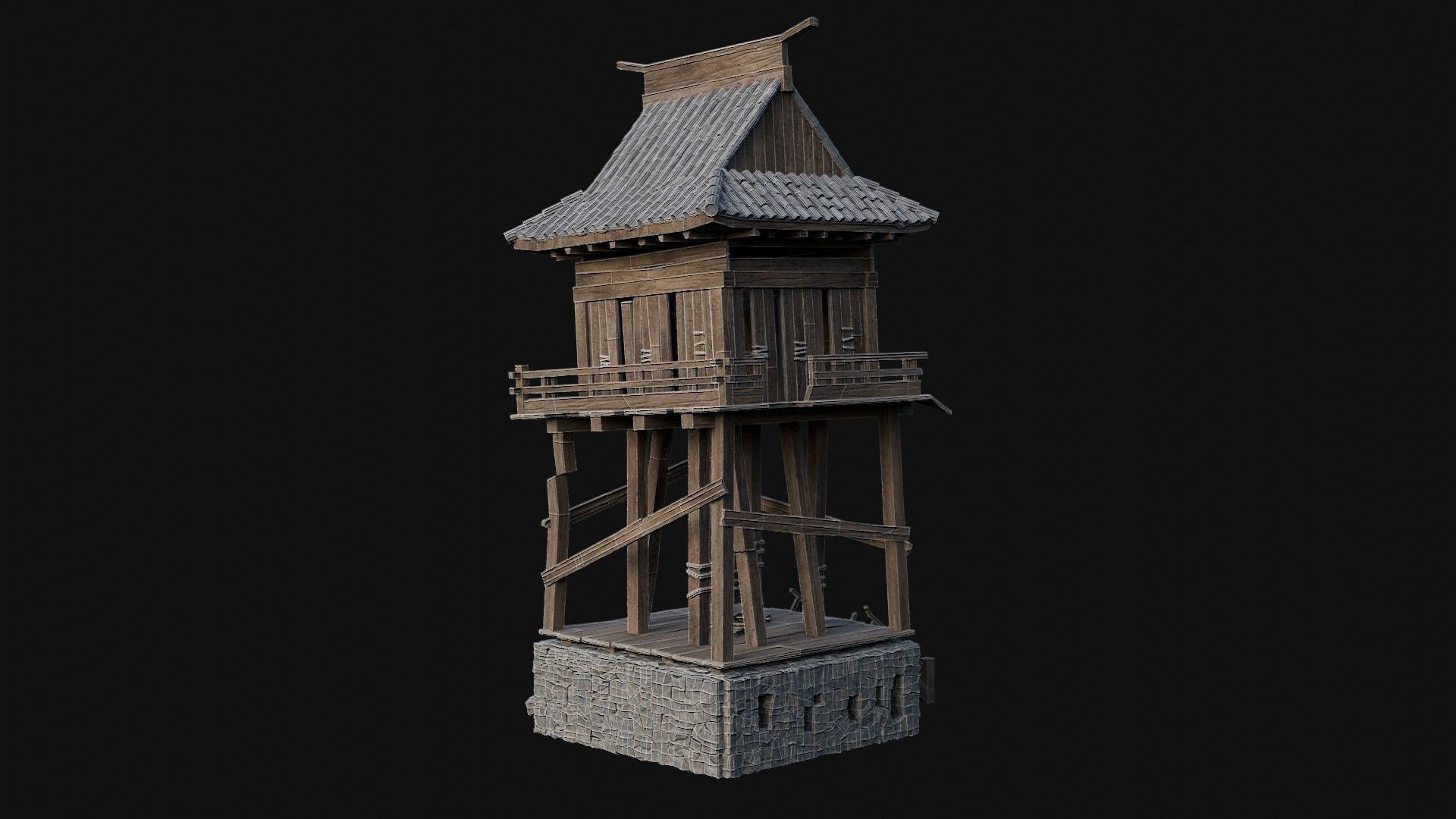 DESTROYED RUINED JAPANESE TOWER WATCHTOWER WALLS COLLECTION AAA Low-poly 3D model_36