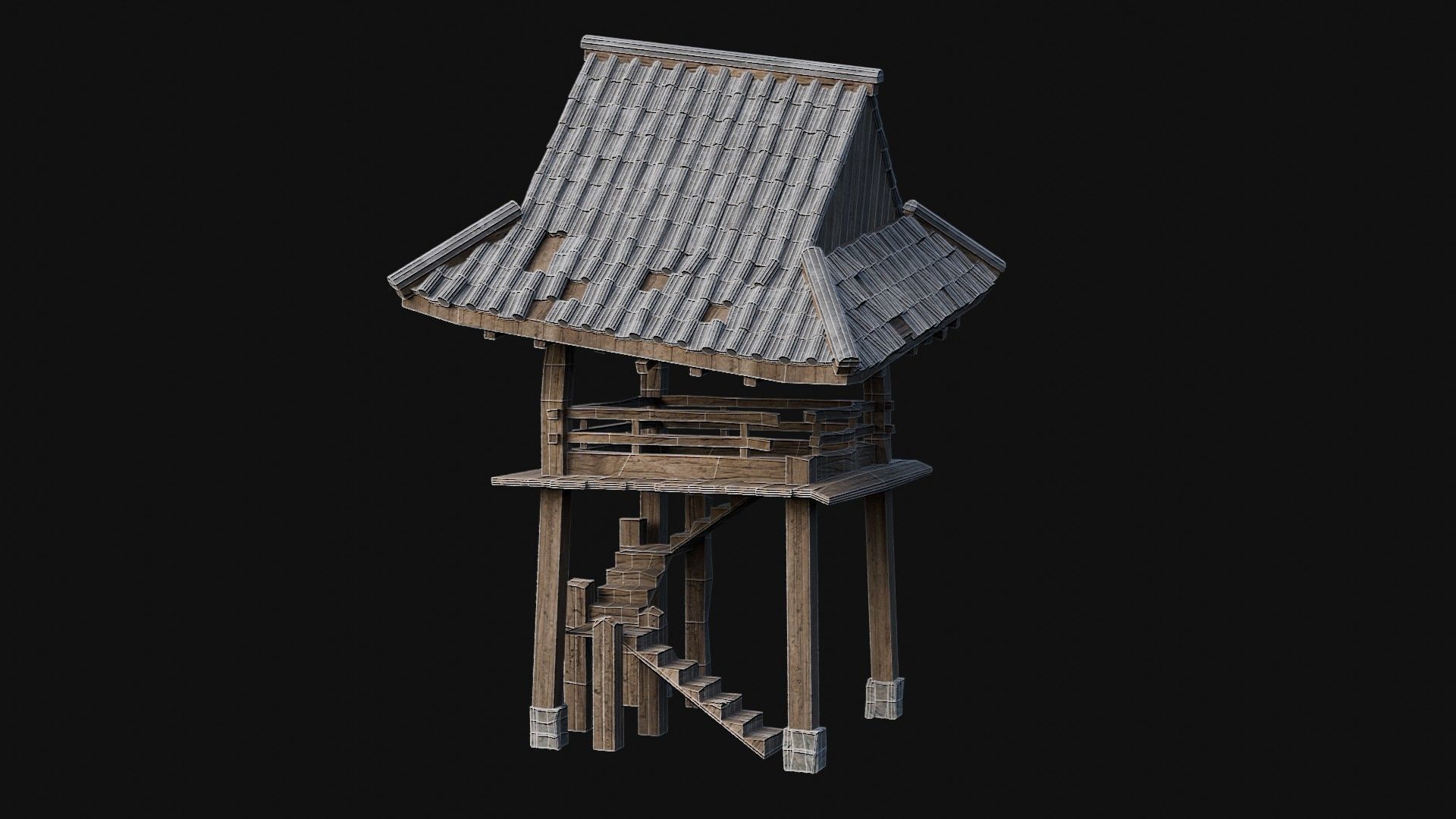 DESTROYED RUINED JAPANESE TOWER WATCHTOWER WALLS COLLECTION AAA Low-poly 3D model_46