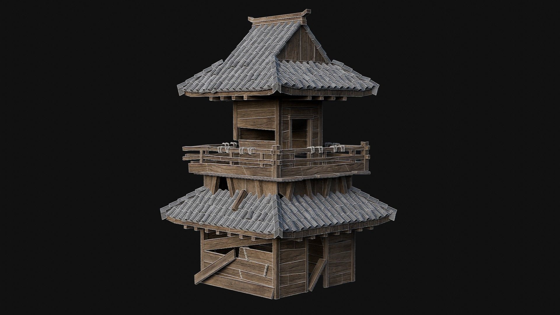 DESTROYED RUINED JAPANESE TOWER WATCHTOWER WALLS COLLECTION AAA Low-poly 3D model_23