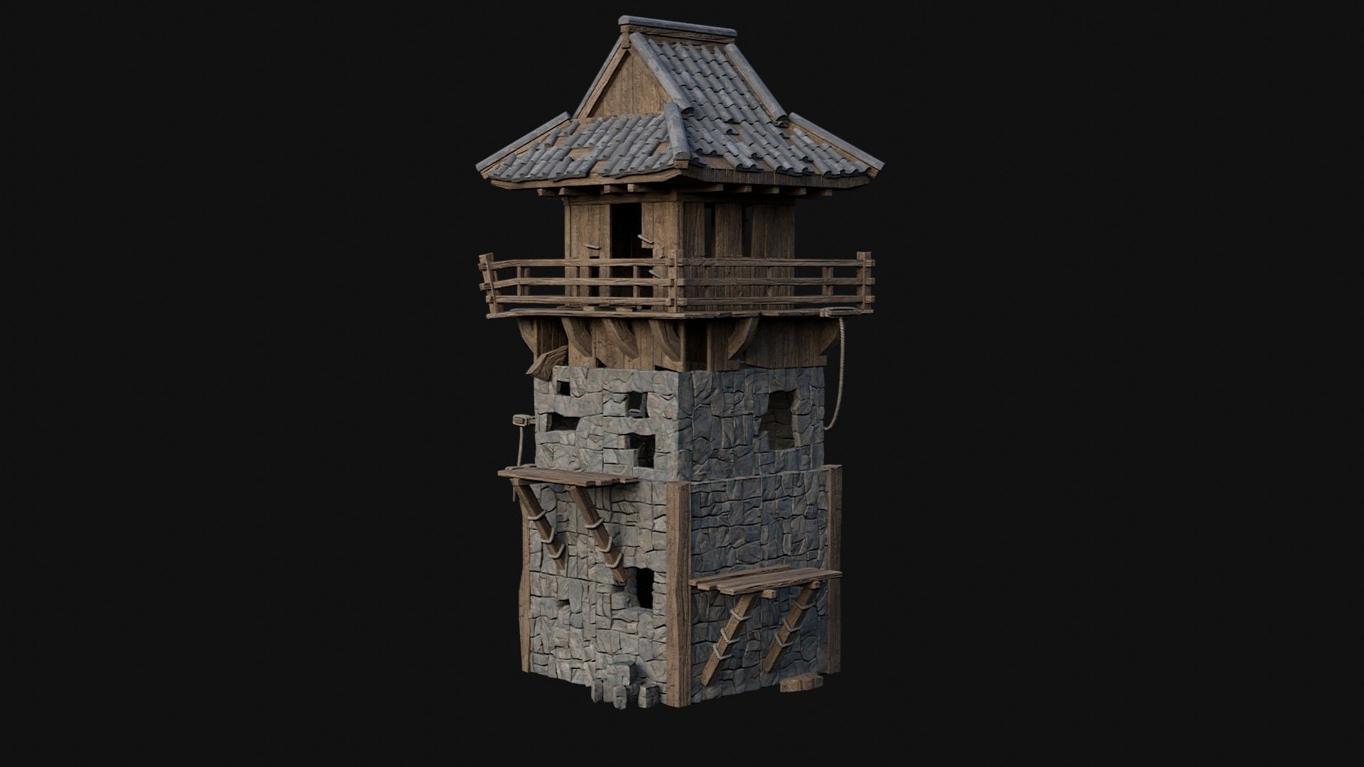 DESTROYED RUINED JAPANESE TOWER WATCHTOWER WALLS COLLECTION AAA Low-poly 3D model_26