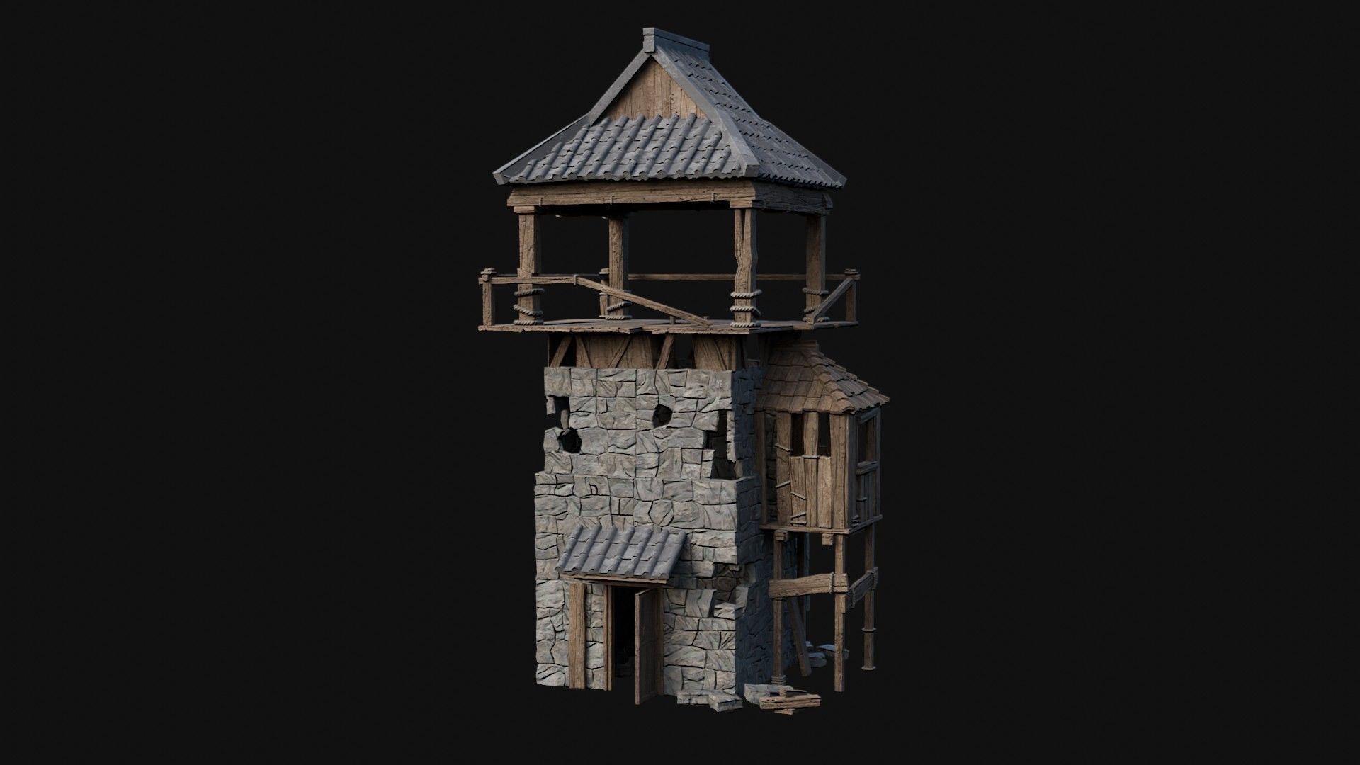 DESTROYED RUINED JAPANESE TOWER WATCHTOWER WALLS COLLECTION AAA Low-poly 3D model_1