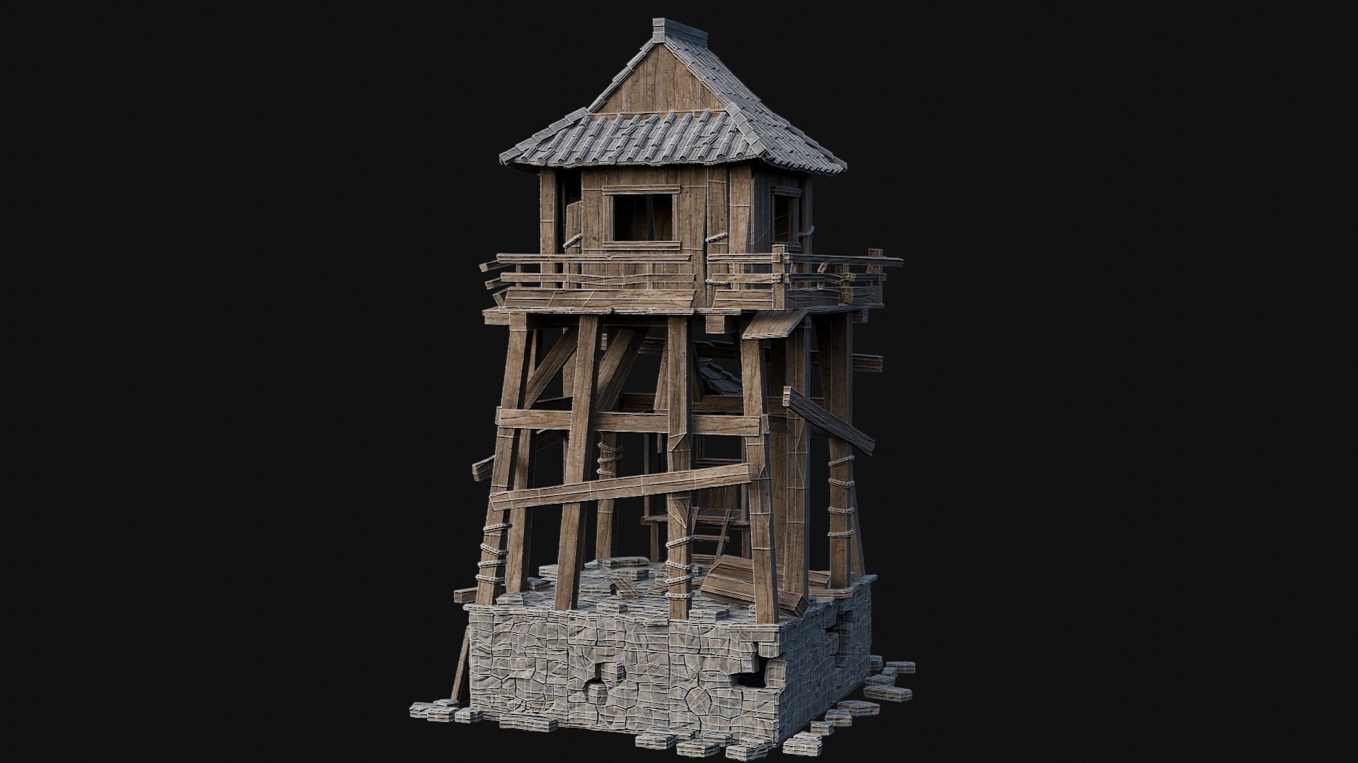 DESTROYED RUINED JAPANESE TOWER WATCHTOWER WALLS COLLECTION AAA Low-poly 3D model_16