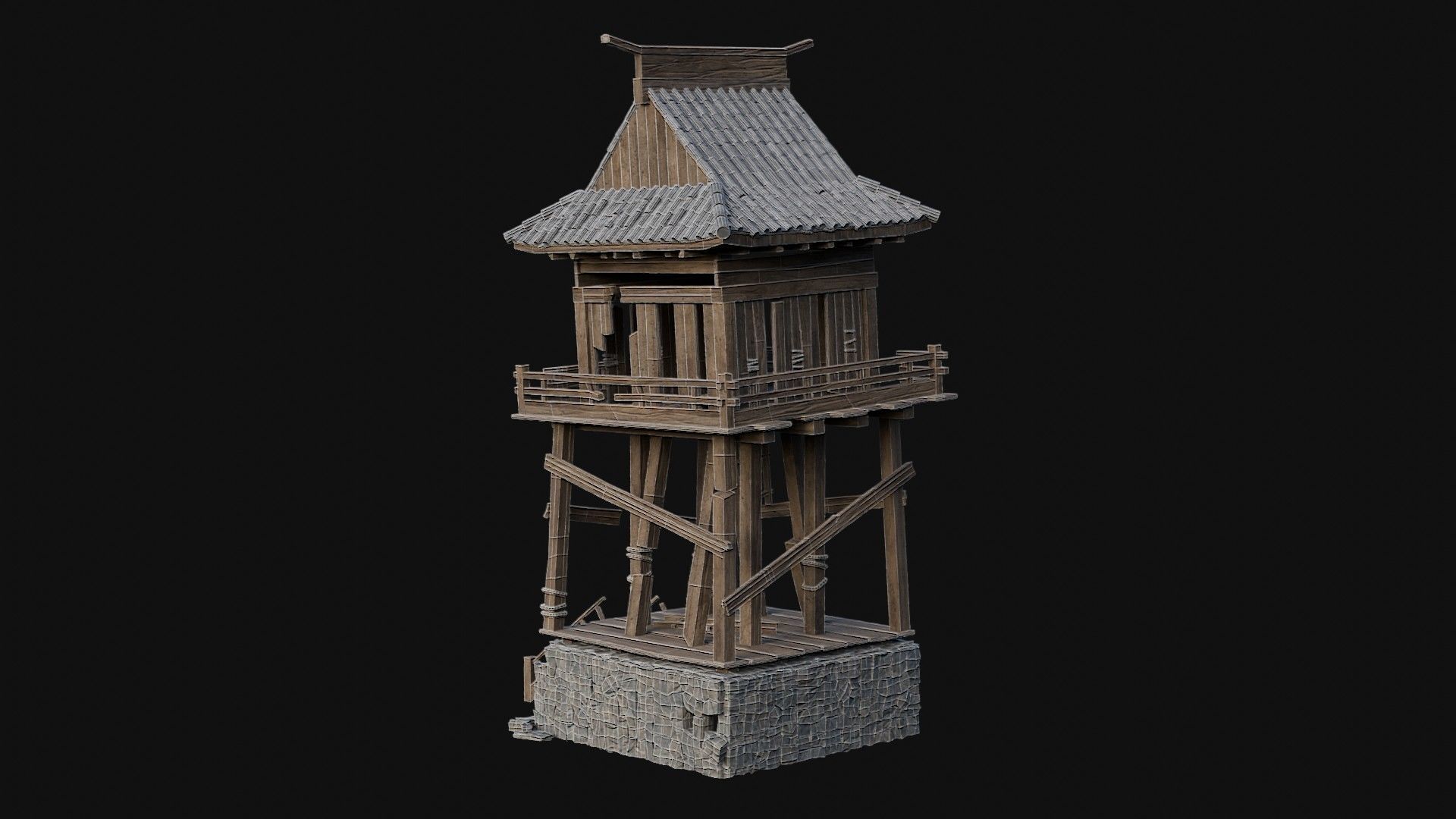DESTROYED RUINED JAPANESE TOWER WATCHTOWER WALLS COLLECTION AAA Low-poly 3D model_35