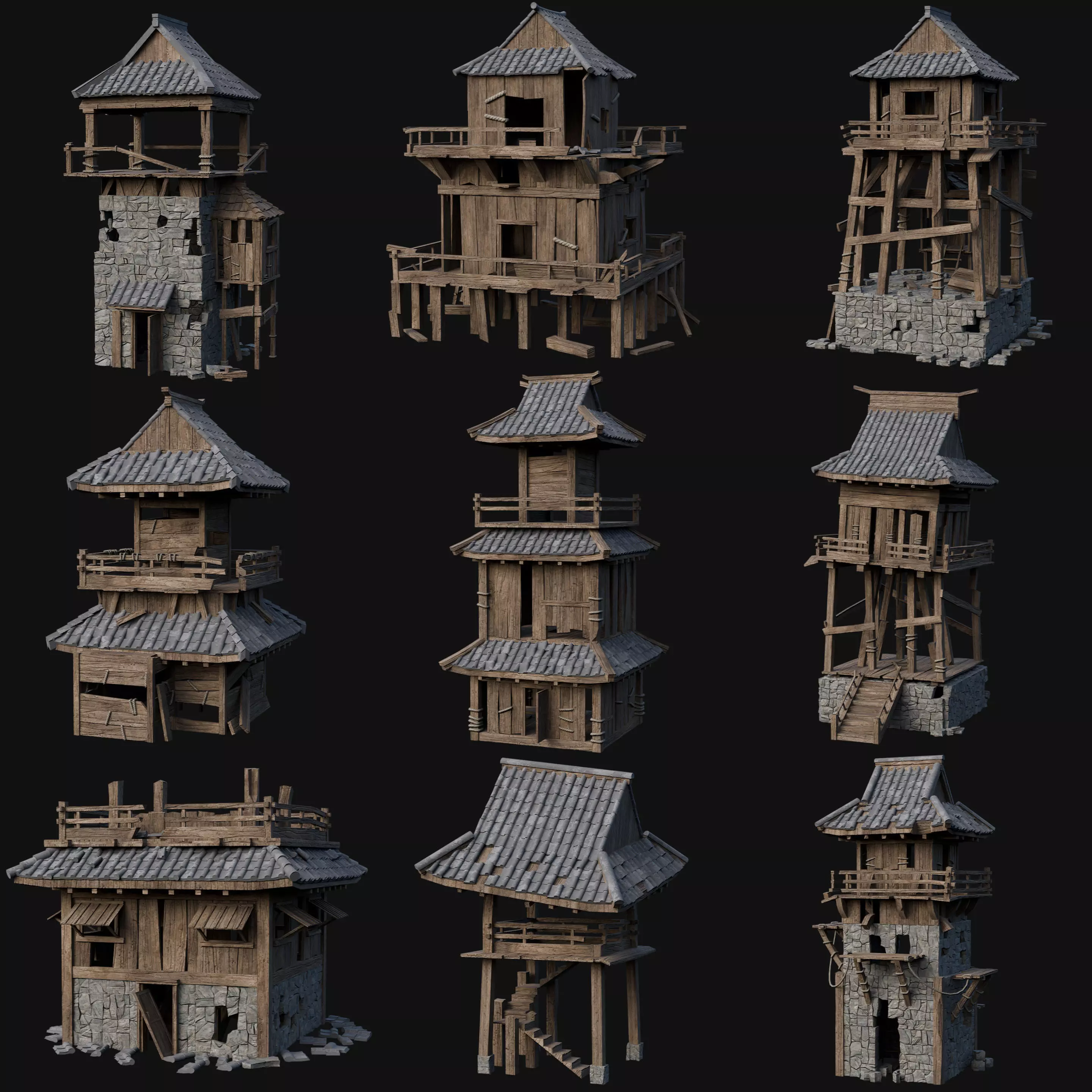 DESTROYED RUINED JAPANESE TOWER WATCHTOWER WALLS COLLECTION AAA Low-poly 3D model_0