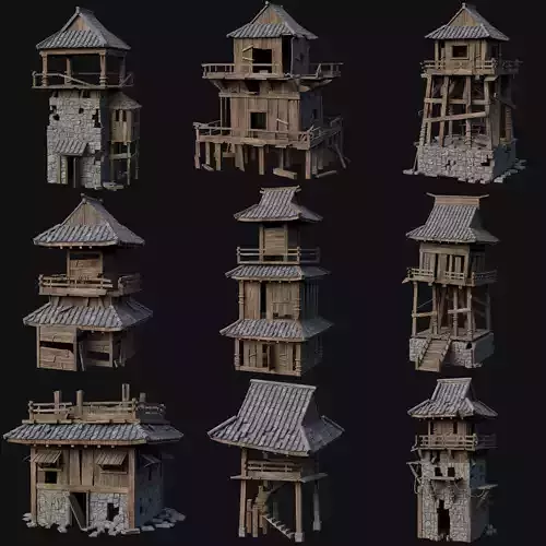 DESTROYED RUINED JAPANESE TOWER WATCHTOWER WALLS COLLECTION AAA