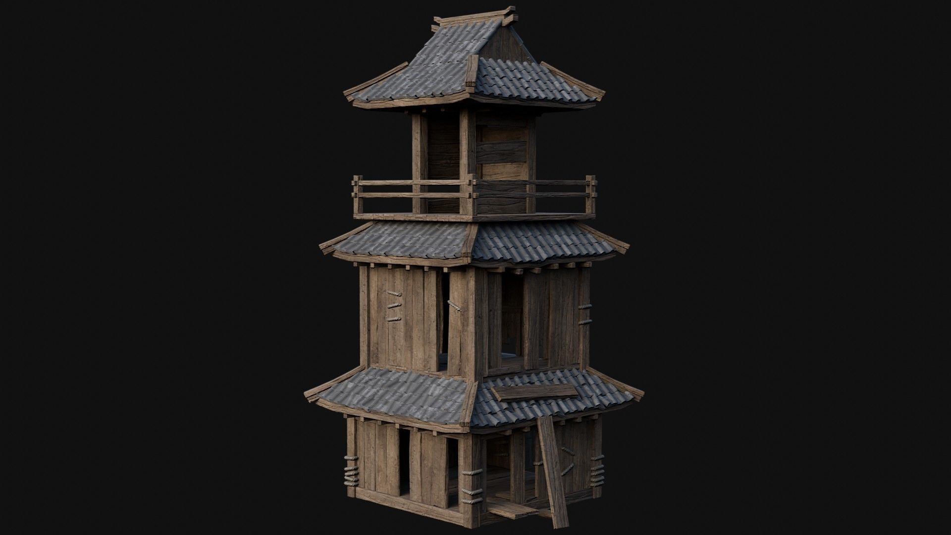 DESTROYED RUINED JAPANESE TOWER WATCHTOWER WALLS COLLECTION AAA Low-poly 3D model_51