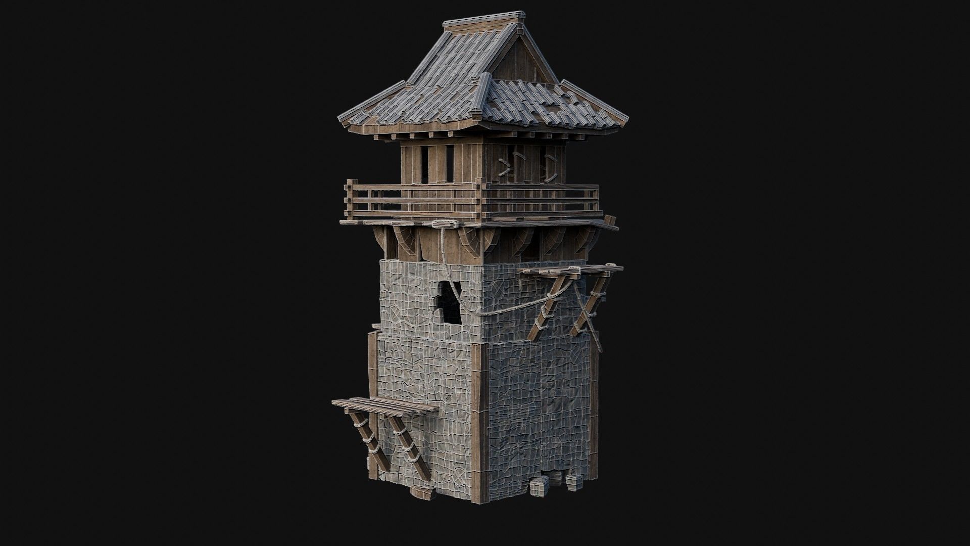 DESTROYED RUINED JAPANESE TOWER WATCHTOWER WALLS COLLECTION AAA Low-poly 3D model_30