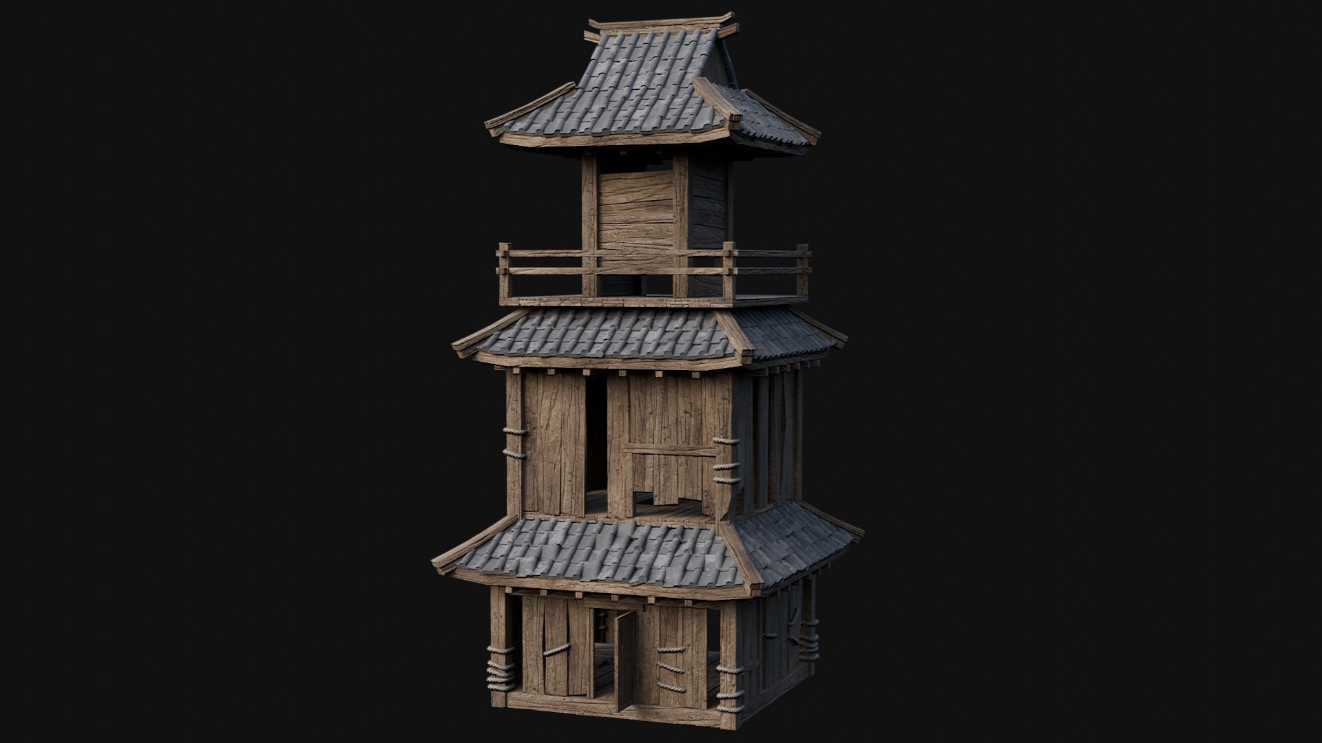 DESTROYED RUINED JAPANESE TOWER WATCHTOWER WALLS COLLECTION AAA Low-poly 3D model_49