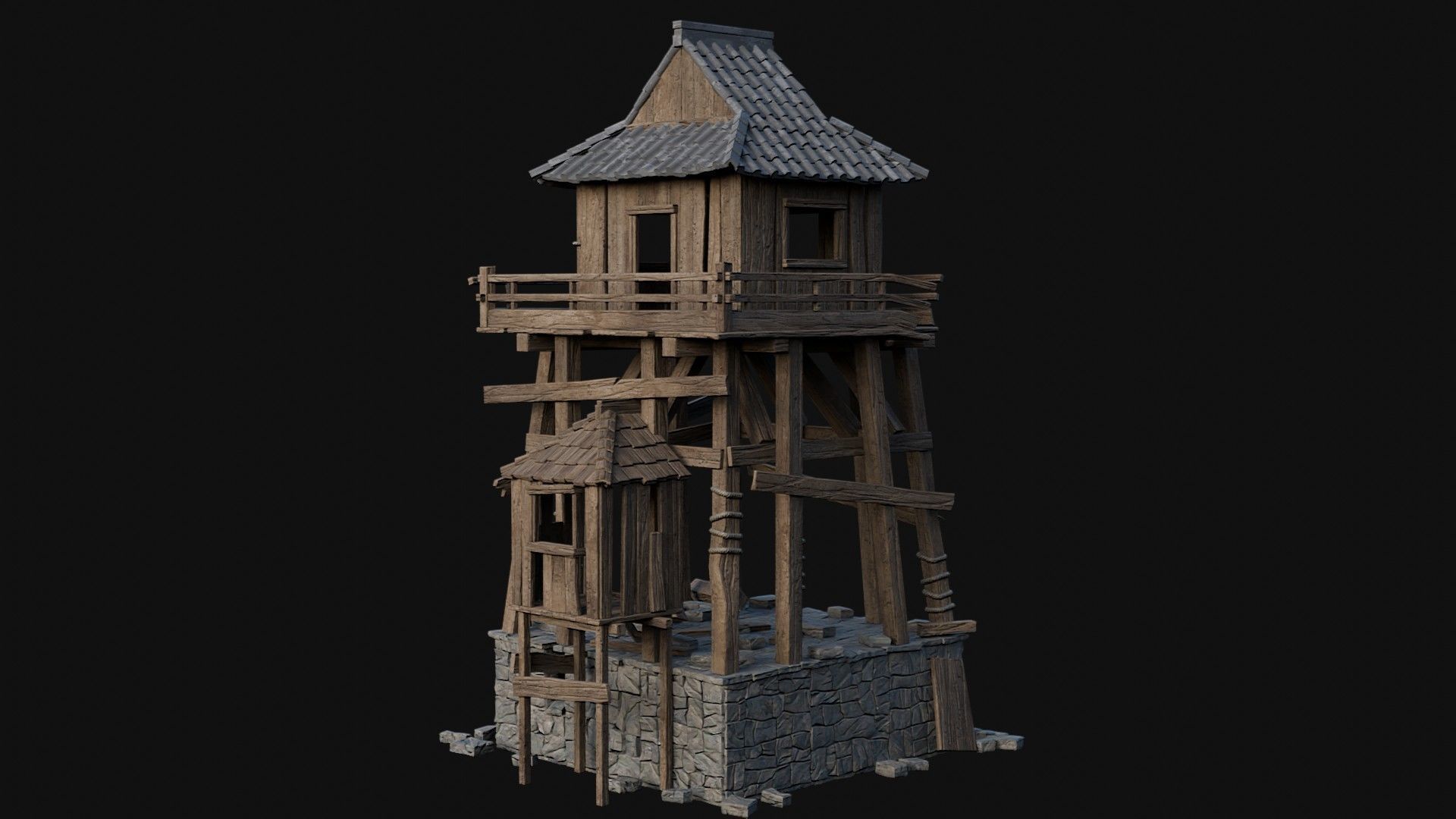 DESTROYED RUINED JAPANESE TOWER WATCHTOWER WALLS COLLECTION AAA Low-poly 3D model_15