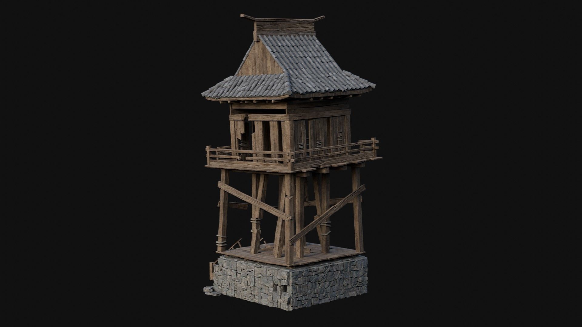 DESTROYED RUINED JAPANESE TOWER WATCHTOWER WALLS COLLECTION AAA Low-poly 3D model_32