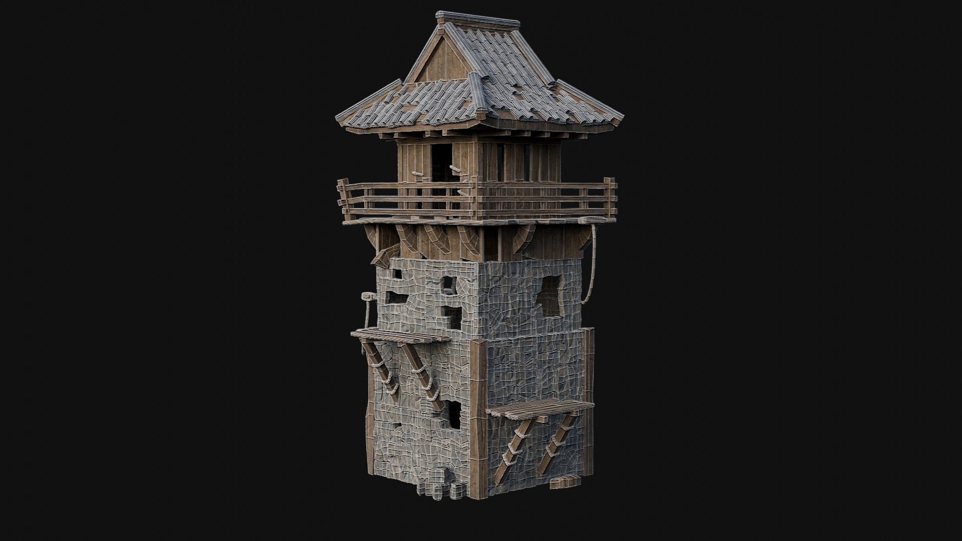 DESTROYED RUINED JAPANESE TOWER WATCHTOWER WALLS COLLECTION AAA Low-poly 3D model_29