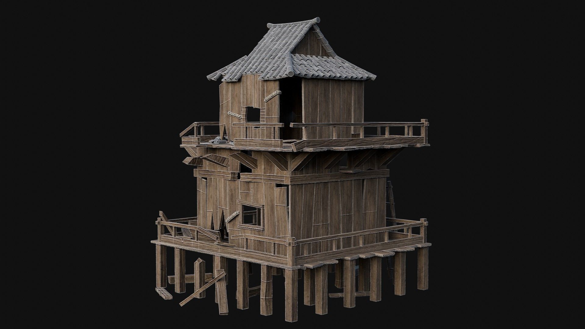 DESTROYED RUINED JAPANESE TOWER WATCHTOWER WALLS COLLECTION AAA Low-poly 3D model_11