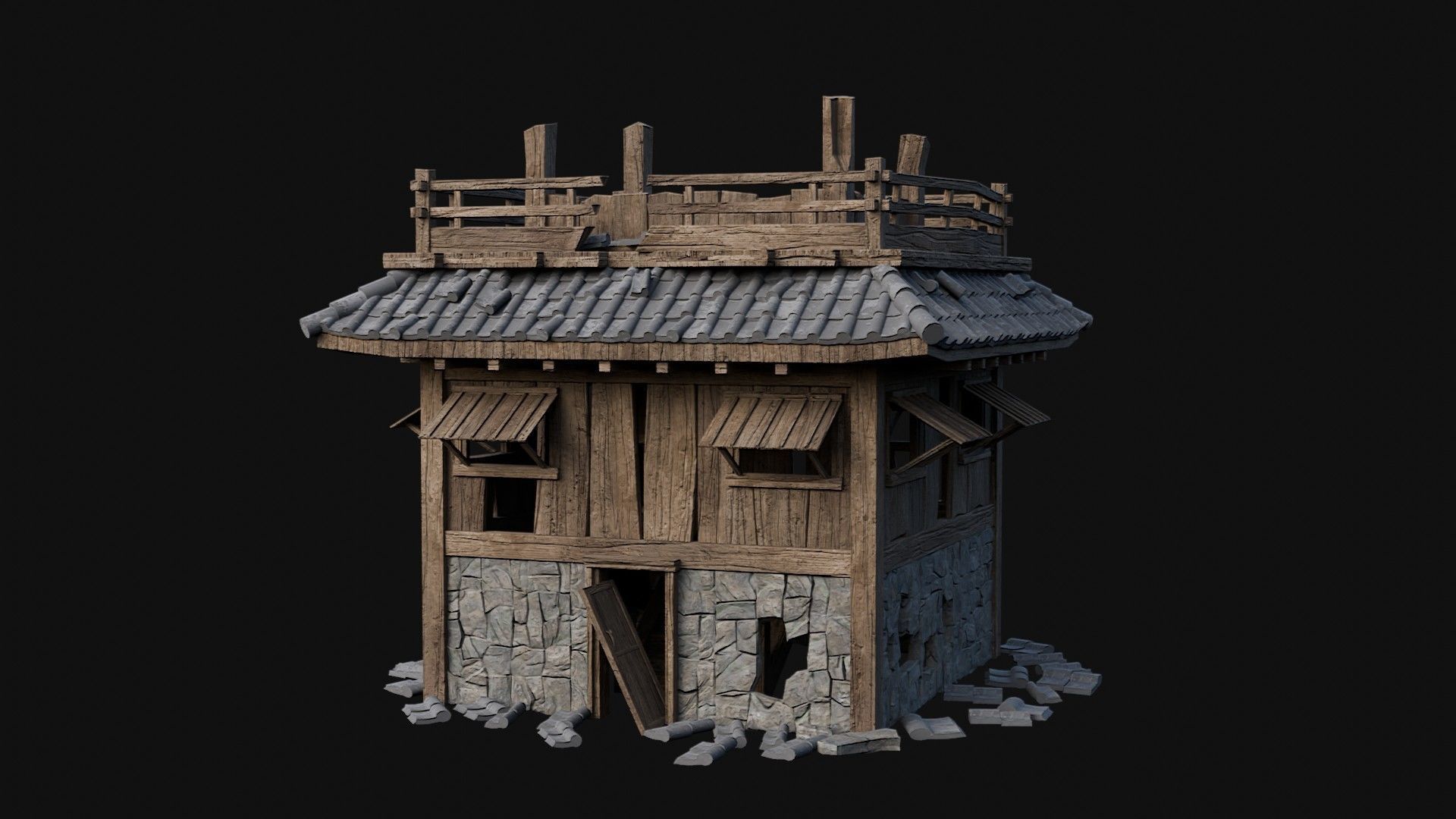 DESTROYED RUINED JAPANESE TOWER WATCHTOWER WALLS COLLECTION AAA Low-poly 3D model_37