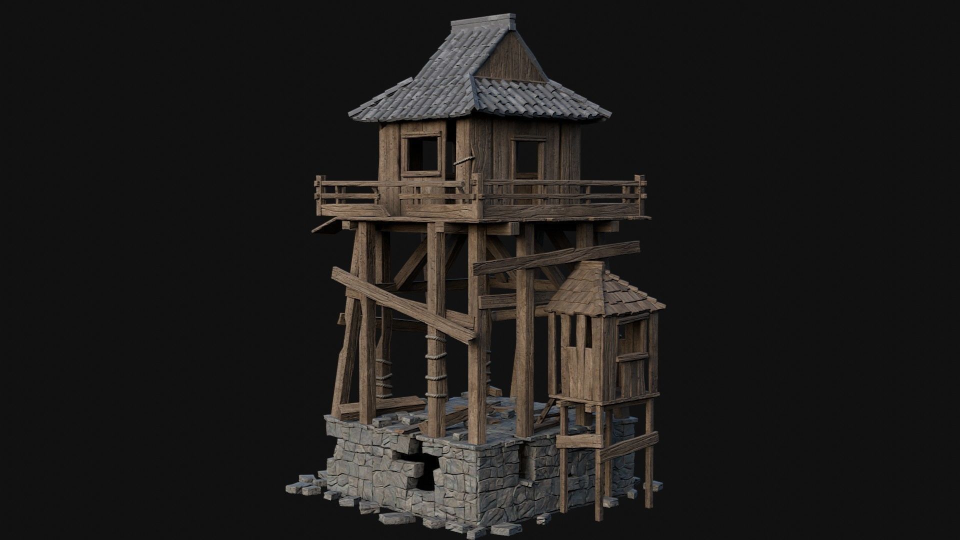 DESTROYED RUINED JAPANESE TOWER WATCHTOWER WALLS COLLECTION AAA Low-poly 3D model_14