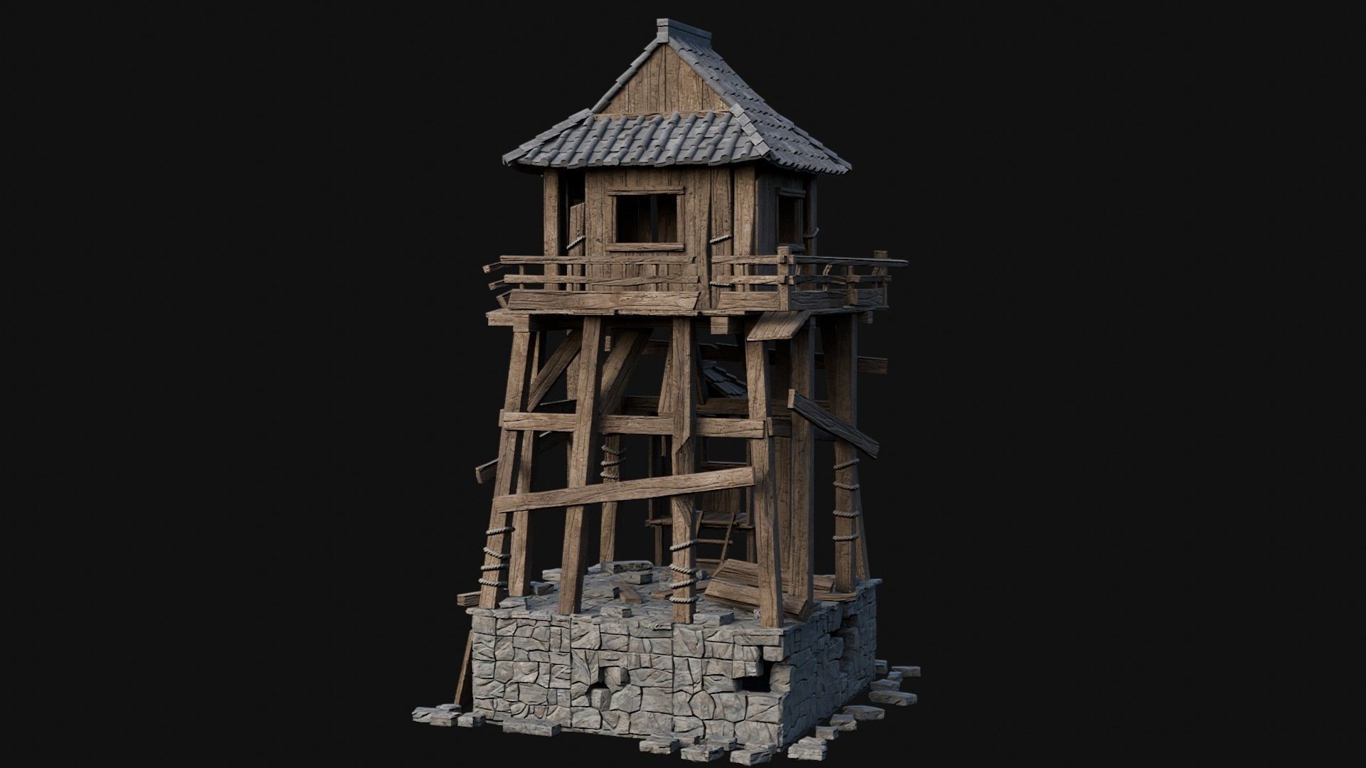 DESTROYED RUINED JAPANESE TOWER WATCHTOWER WALLS COLLECTION AAA Low-poly 3D model_13