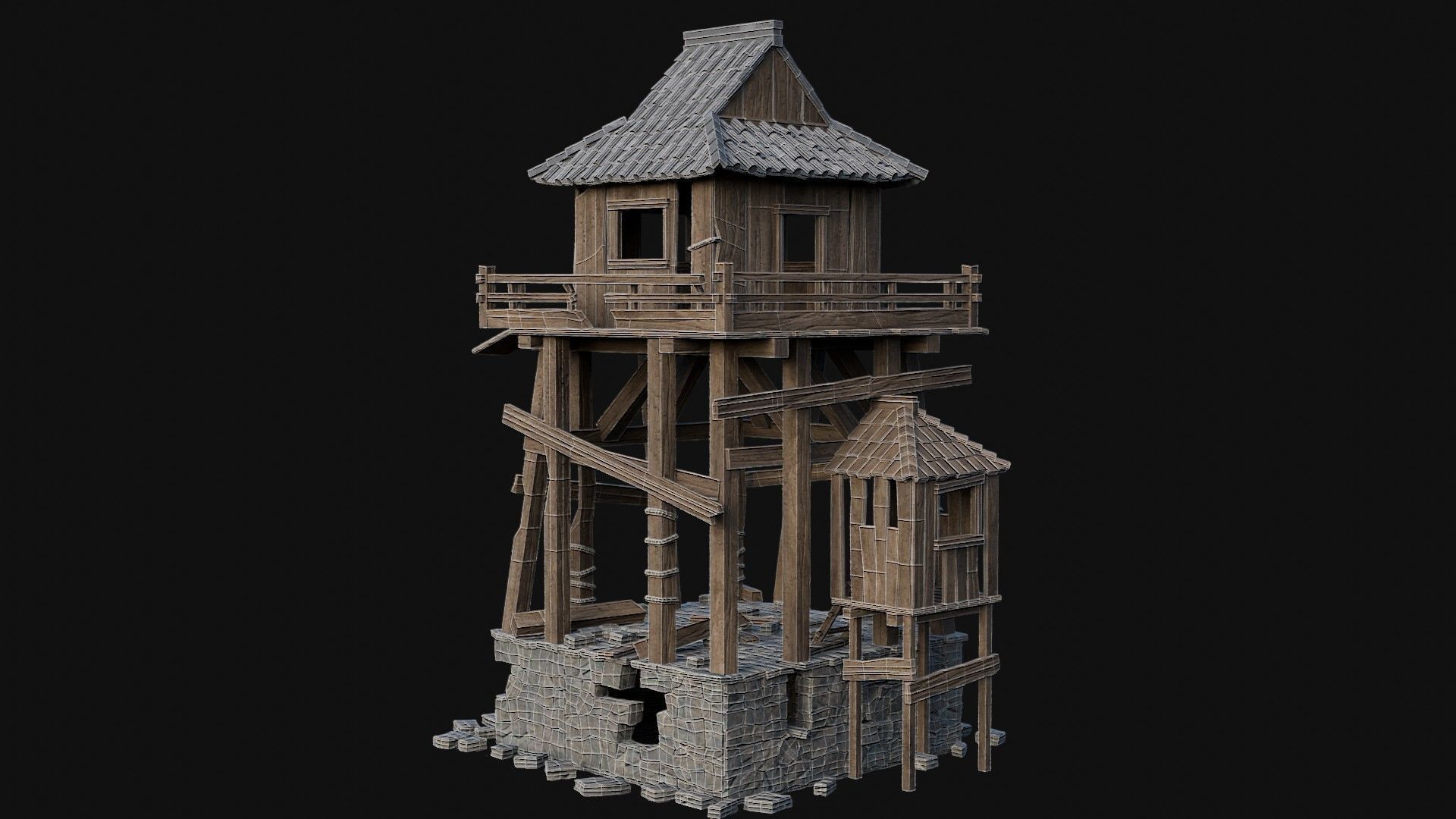 DESTROYED RUINED JAPANESE TOWER WATCHTOWER WALLS COLLECTION AAA Low-poly 3D model_17