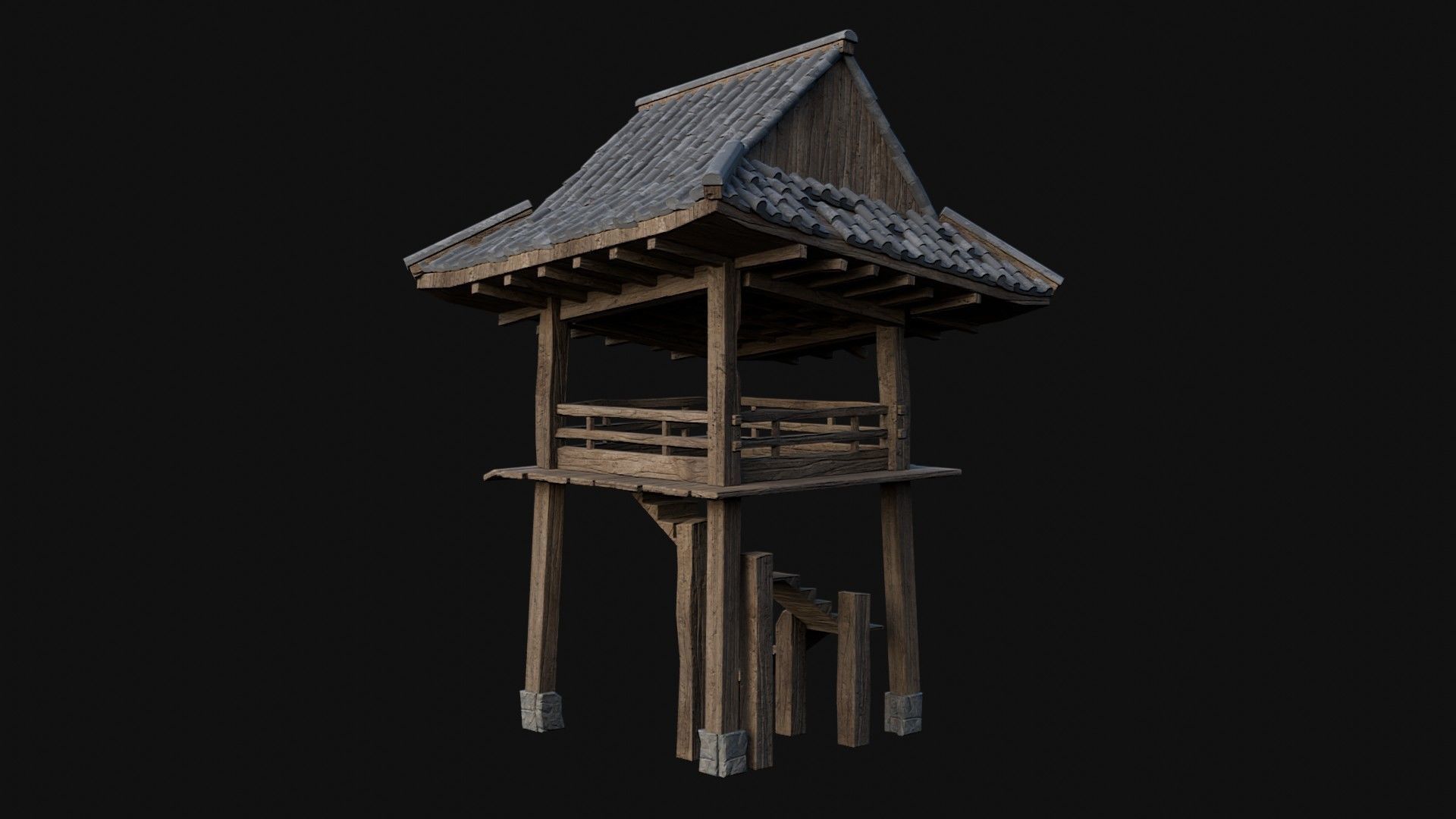 DESTROYED RUINED JAPANESE TOWER WATCHTOWER WALLS COLLECTION AAA Low-poly 3D model_45