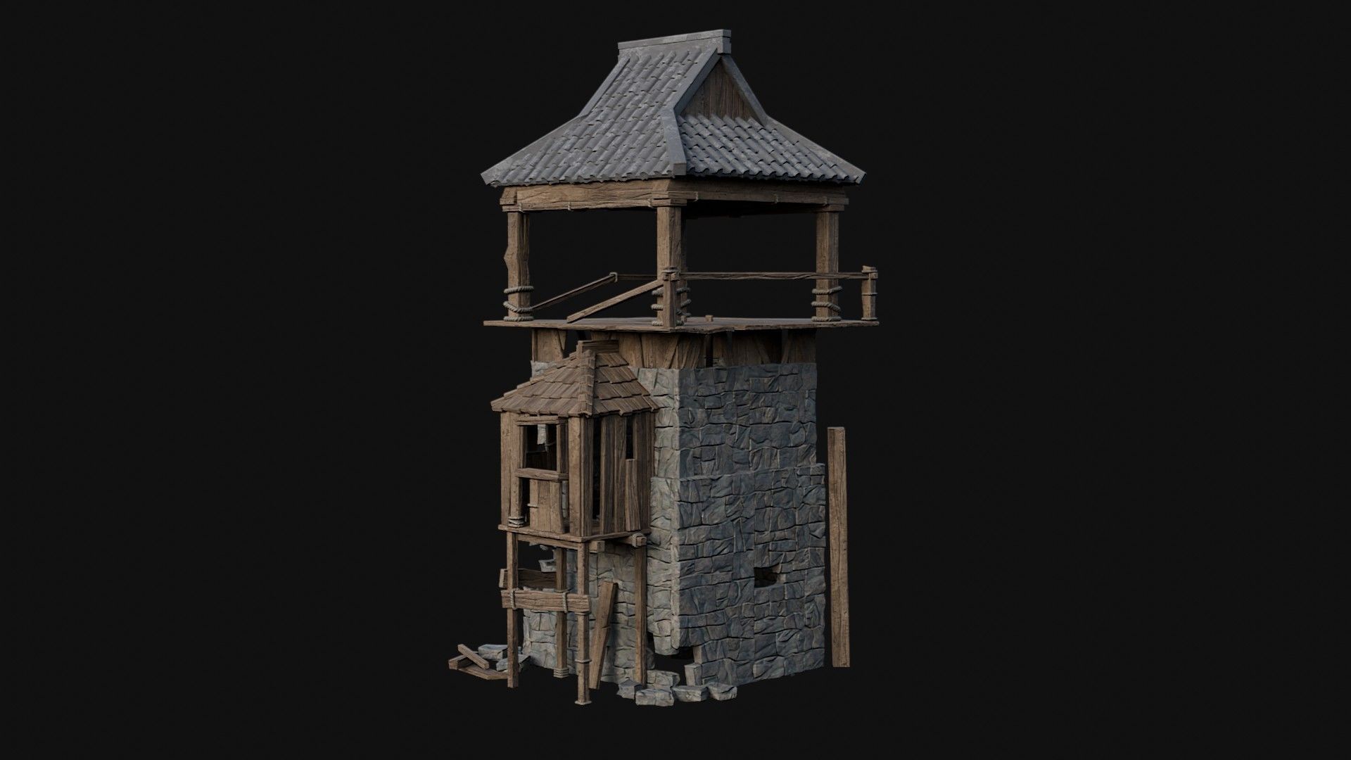 DESTROYED RUINED JAPANESE TOWER WATCHTOWER WALLS COLLECTION AAA Low-poly 3D model_2