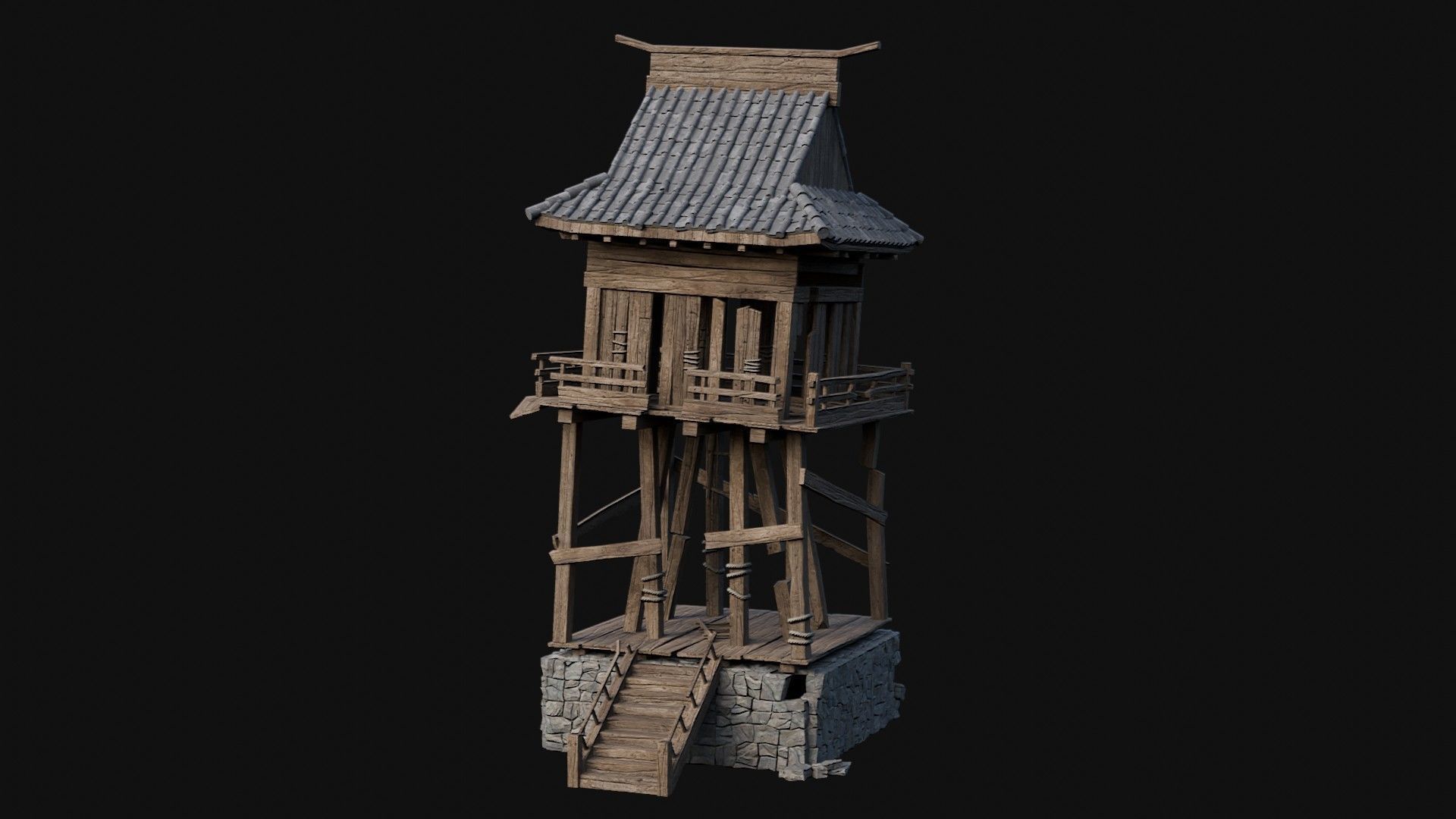 DESTROYED RUINED JAPANESE TOWER WATCHTOWER WALLS COLLECTION AAA Low-poly 3D model_31