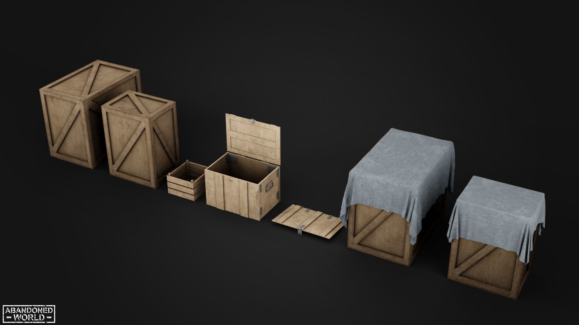 Wood Box Set Low-poly 3D model_3
