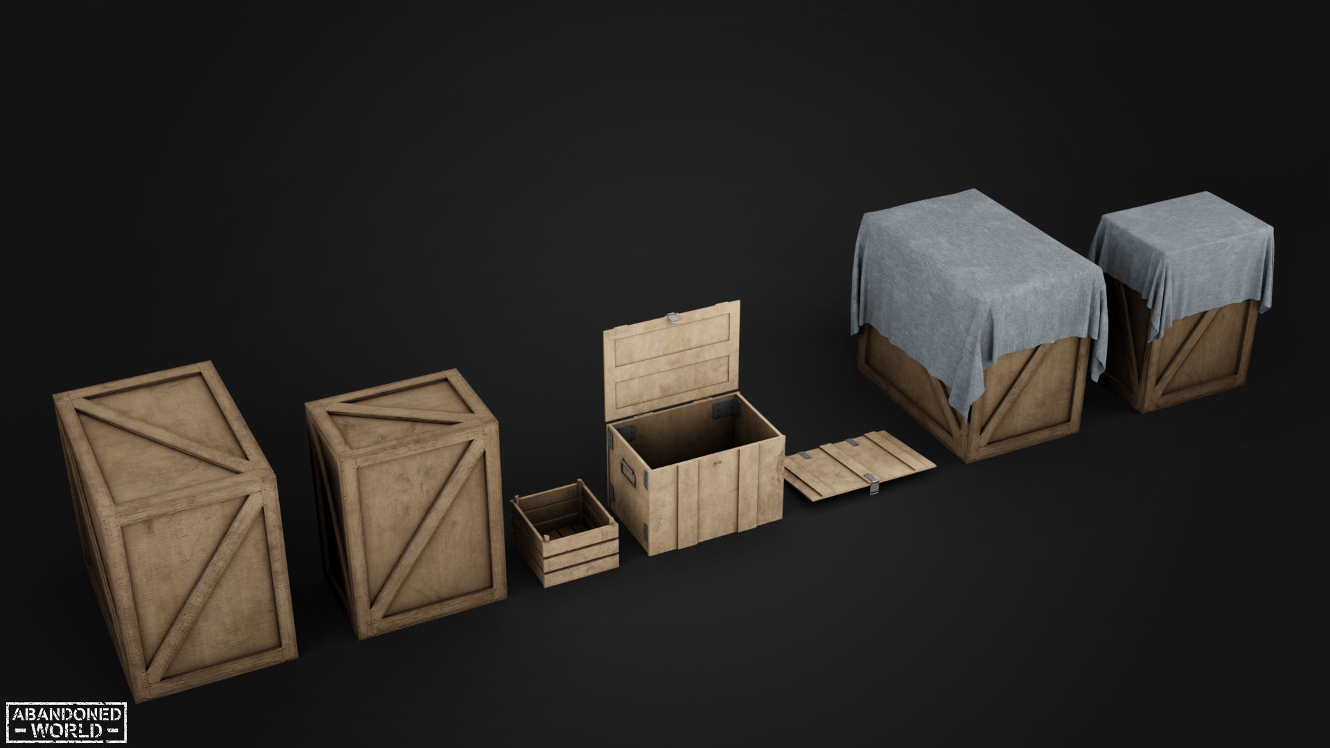 Wood Box Set Low-poly 3D model_2