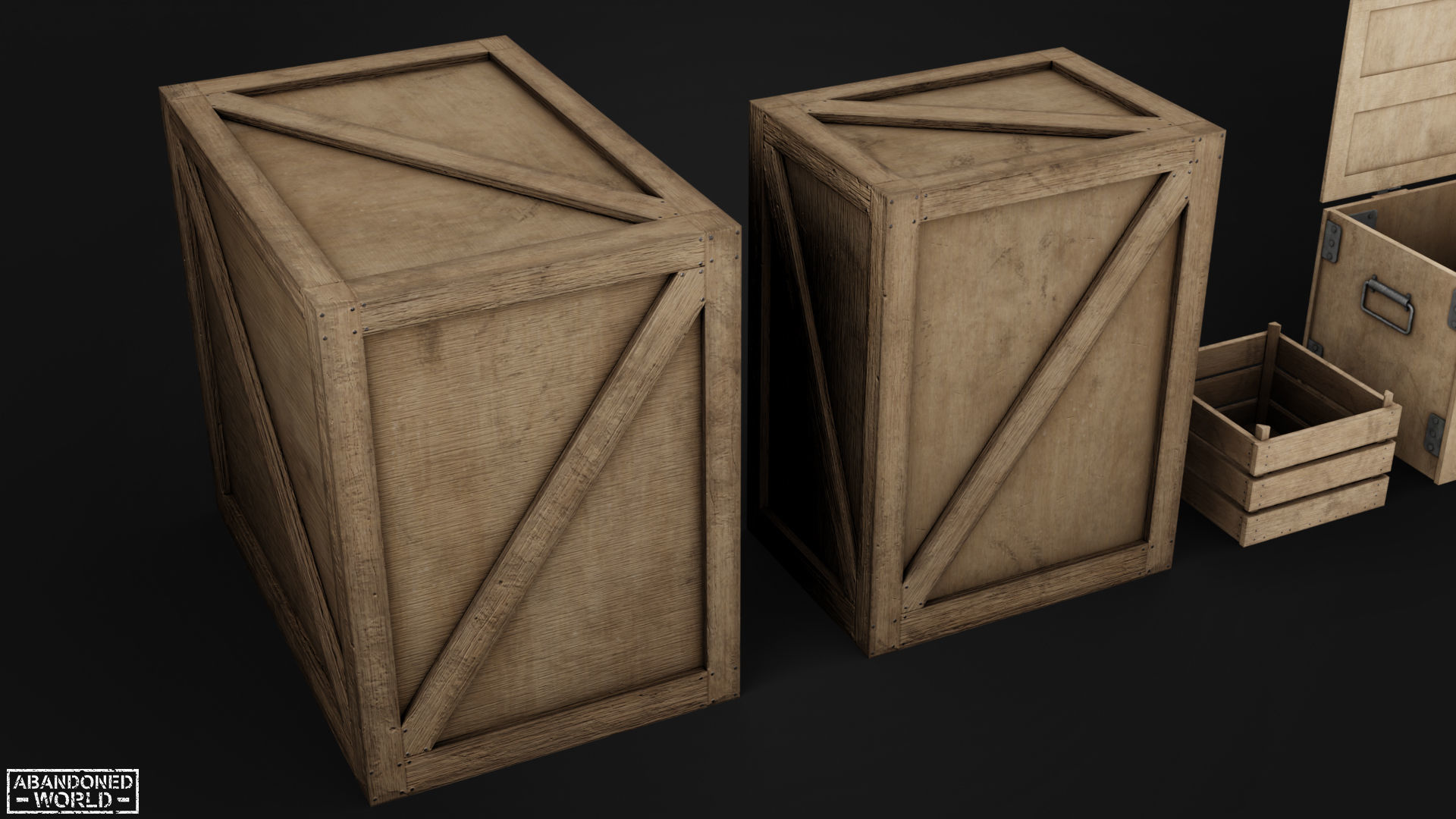 Wood Box Set Low-poly 3D model_7