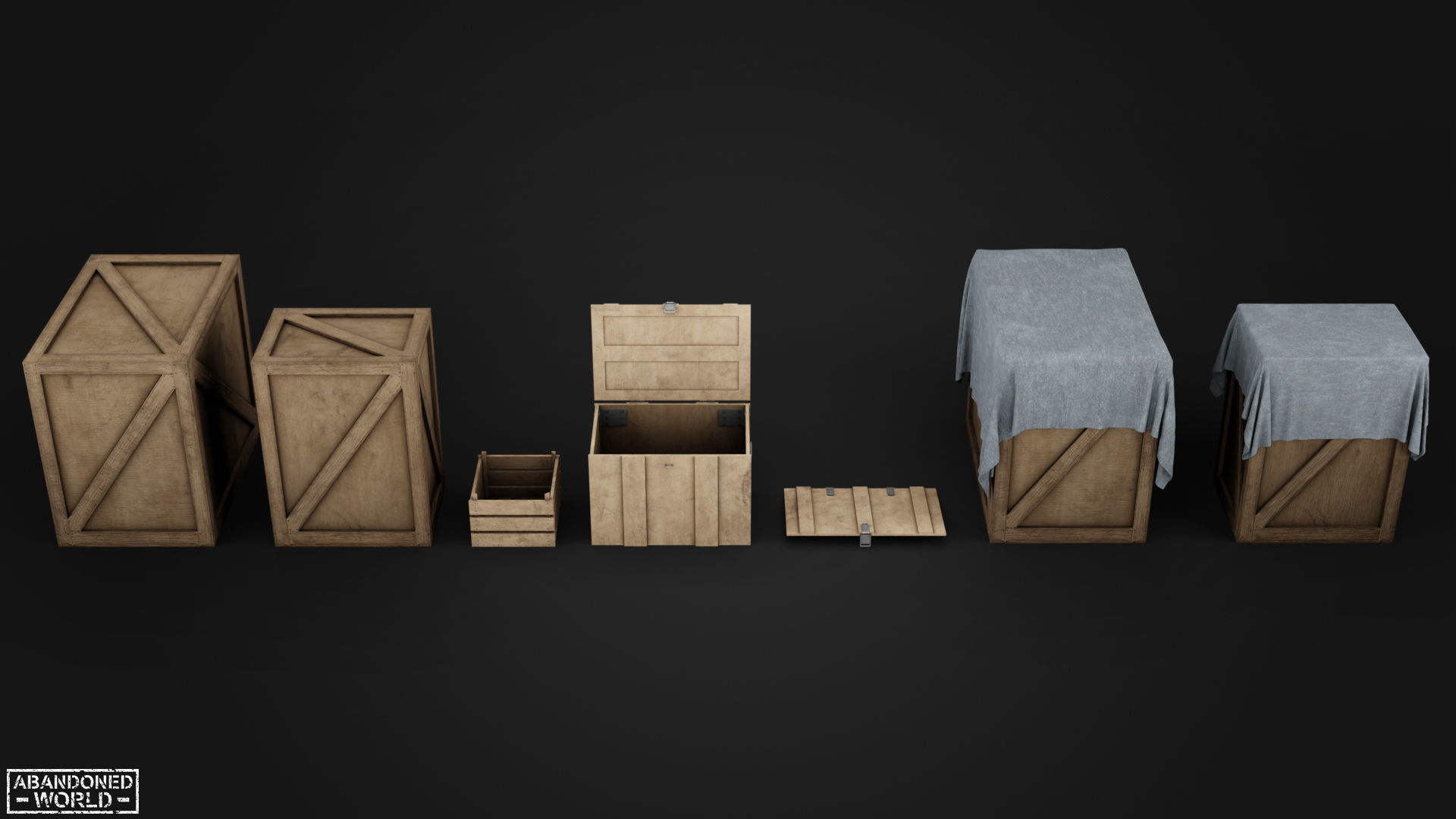 Wood Box Set Low-poly 3D model_1