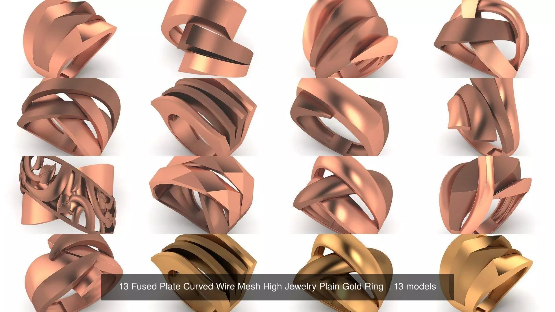 13 Fused Plate Curved Wire Mesh High Jewelry Plain Gold Ring 3D Model Collection_1