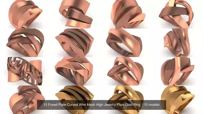 13 Fused Plate Curved Wire Mesh High Jewelry Plain Gold Ring 