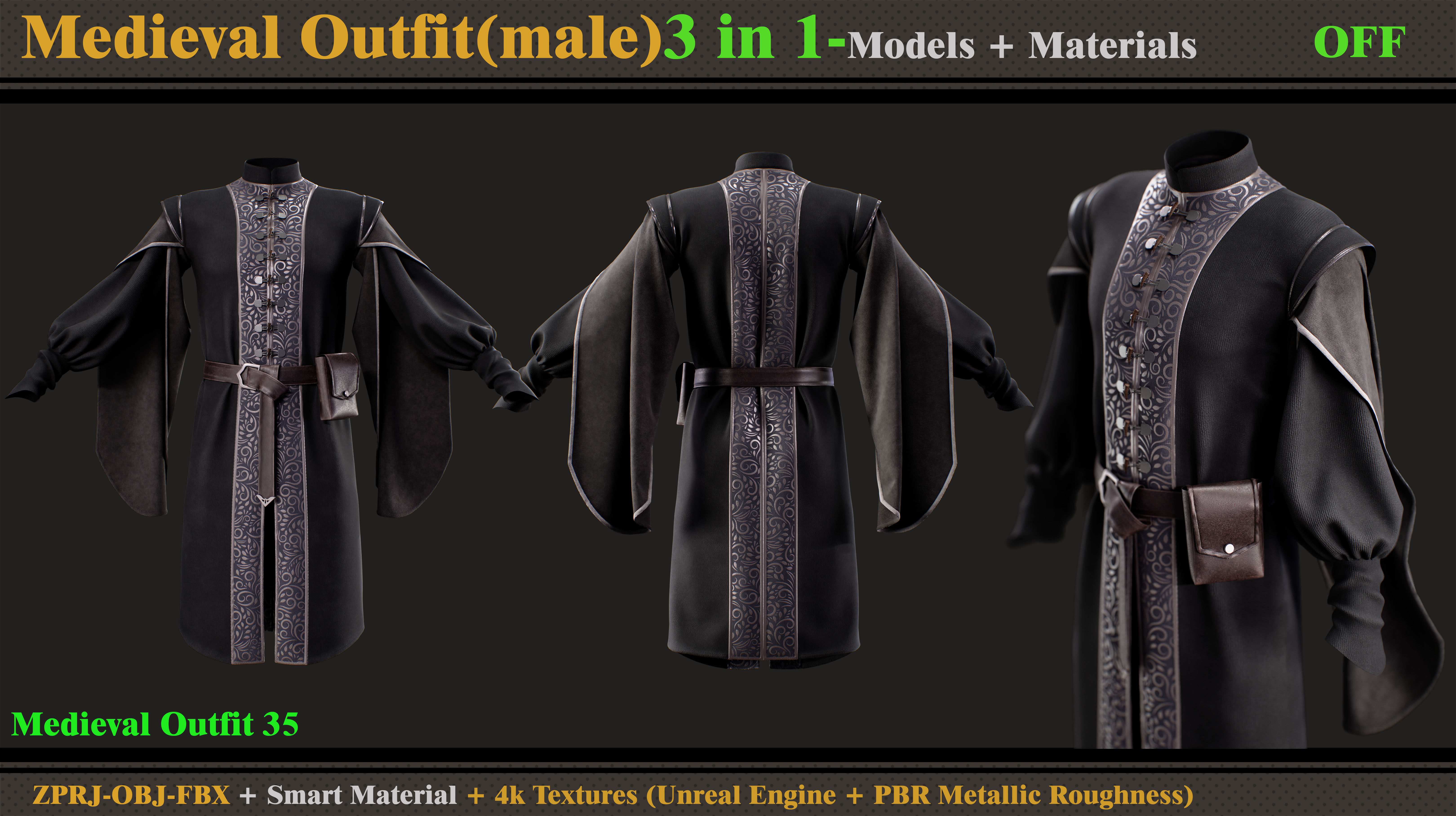 3 in 1 Medieval Outfit-MD-Clo3d-OBJ-FBX-Material-Textures  3D model_2