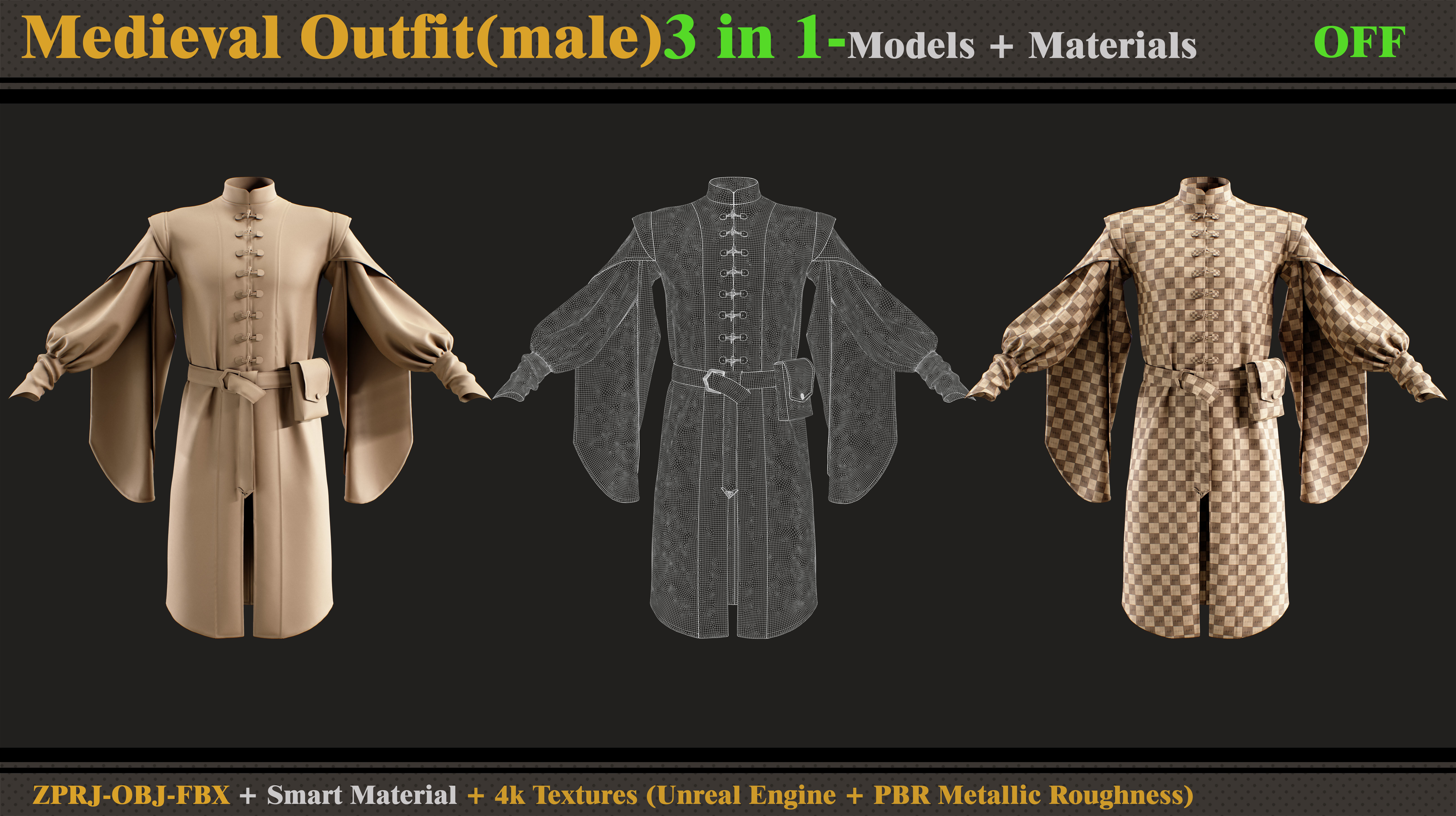 3 in 1 Medieval Outfit-MD-Clo3d-OBJ-FBX-Material-Textures  3D model_5