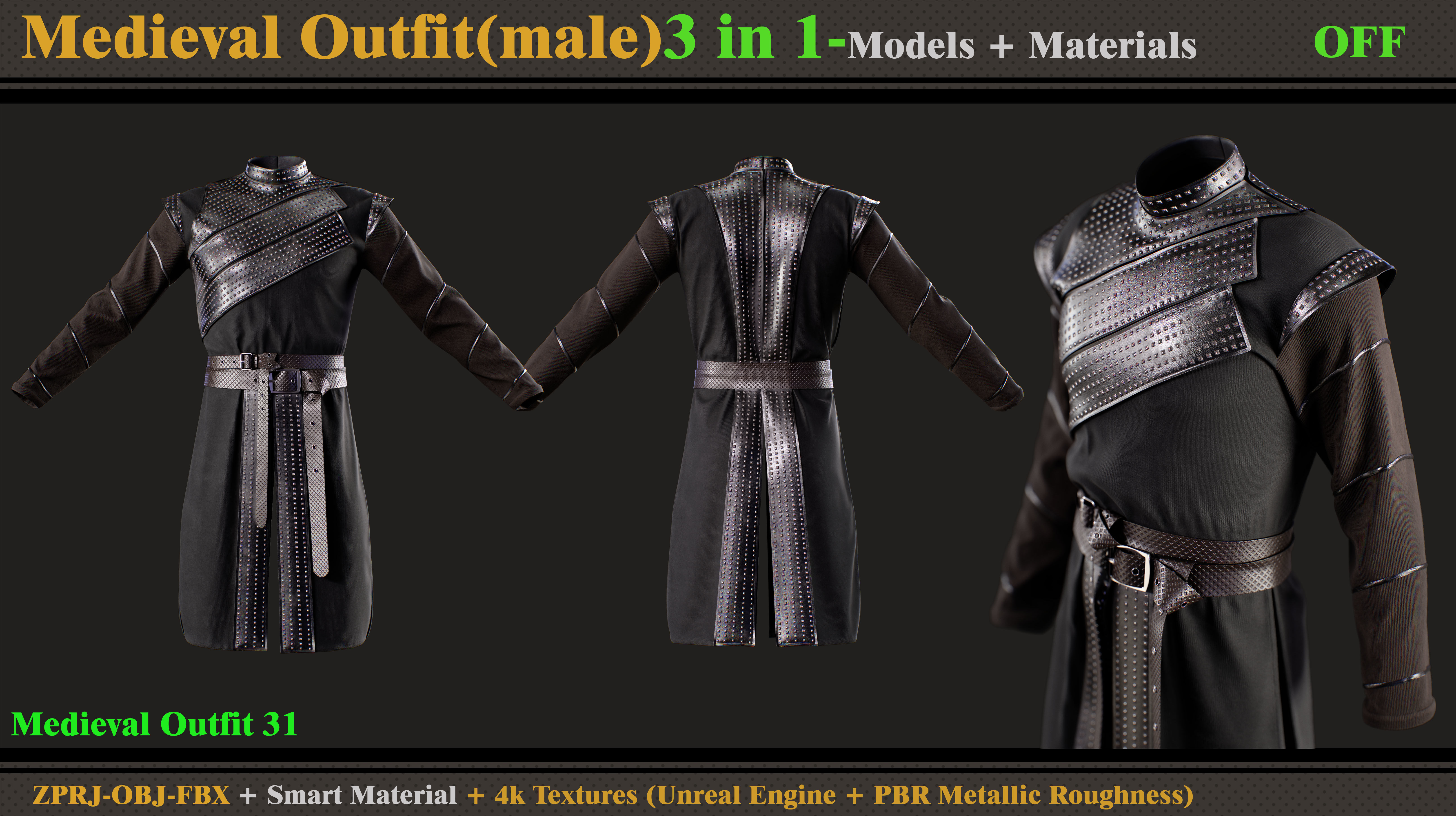 3 in 1 Medieval Outfit-MD-Clo3d-OBJ-FBX-Material-Textures  3D model_1