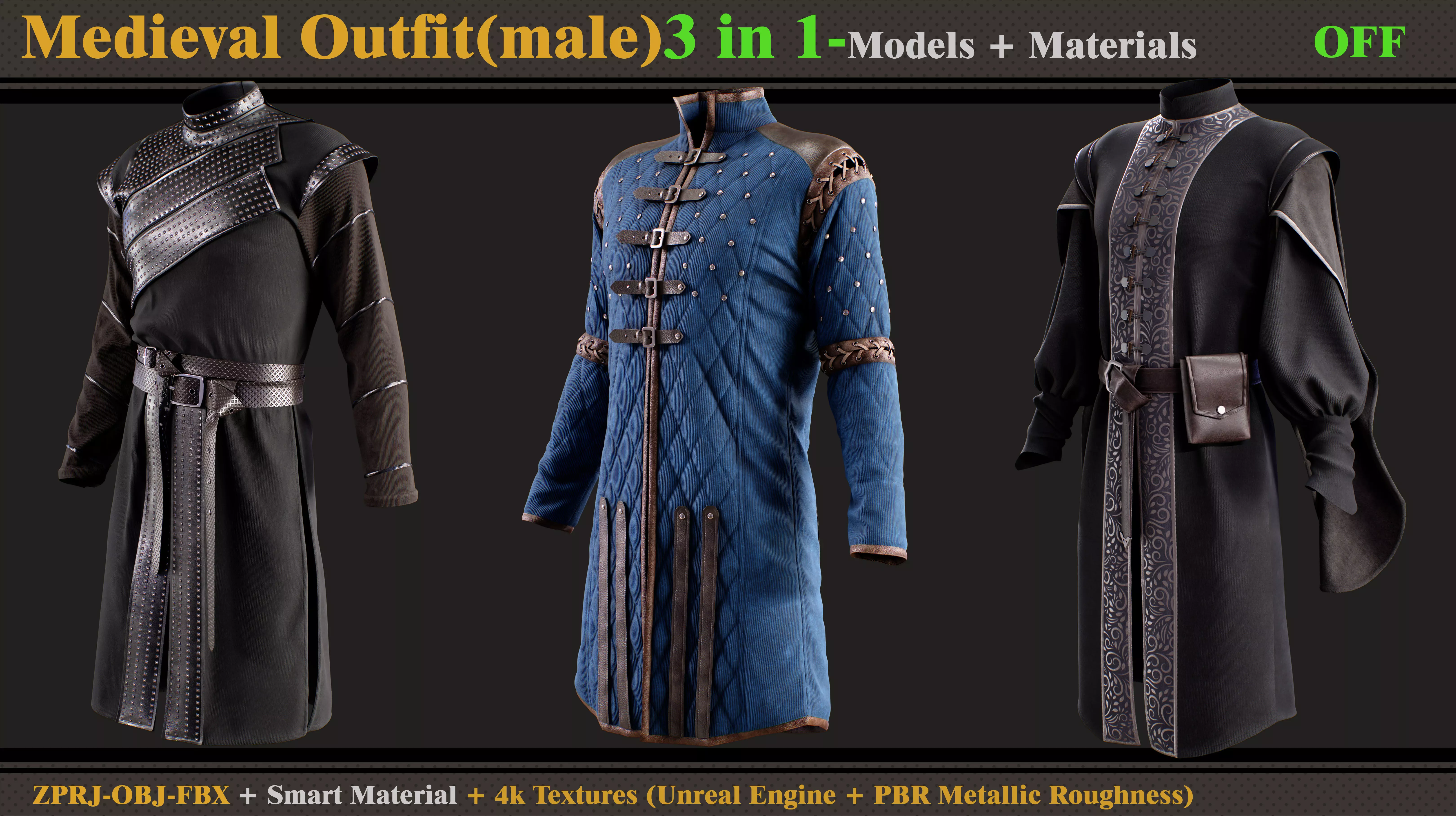 3 in 1 Medieval Outfit-MD-Clo3d-OBJ-FBX-Material-Textures  3D model_0