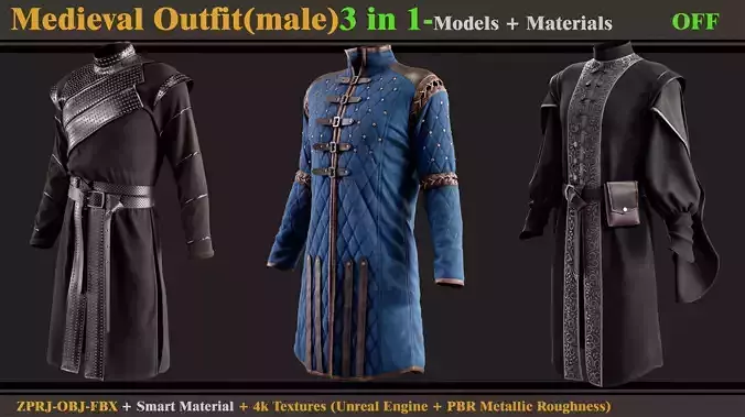 3 in 1 Medieval Outfit-MD-Clo3d-OBJ-FBX-Material-Textures 