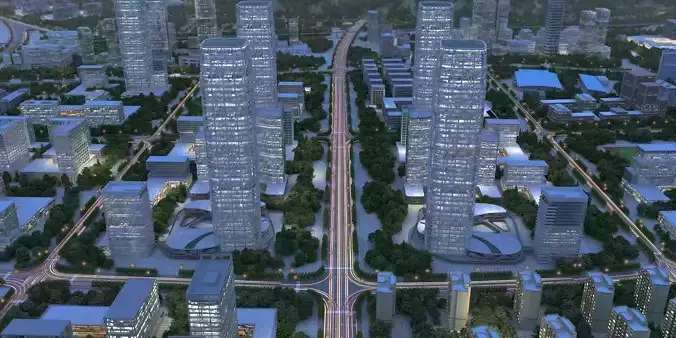 Aerial View of City Night Scene 3D Building Animation Model